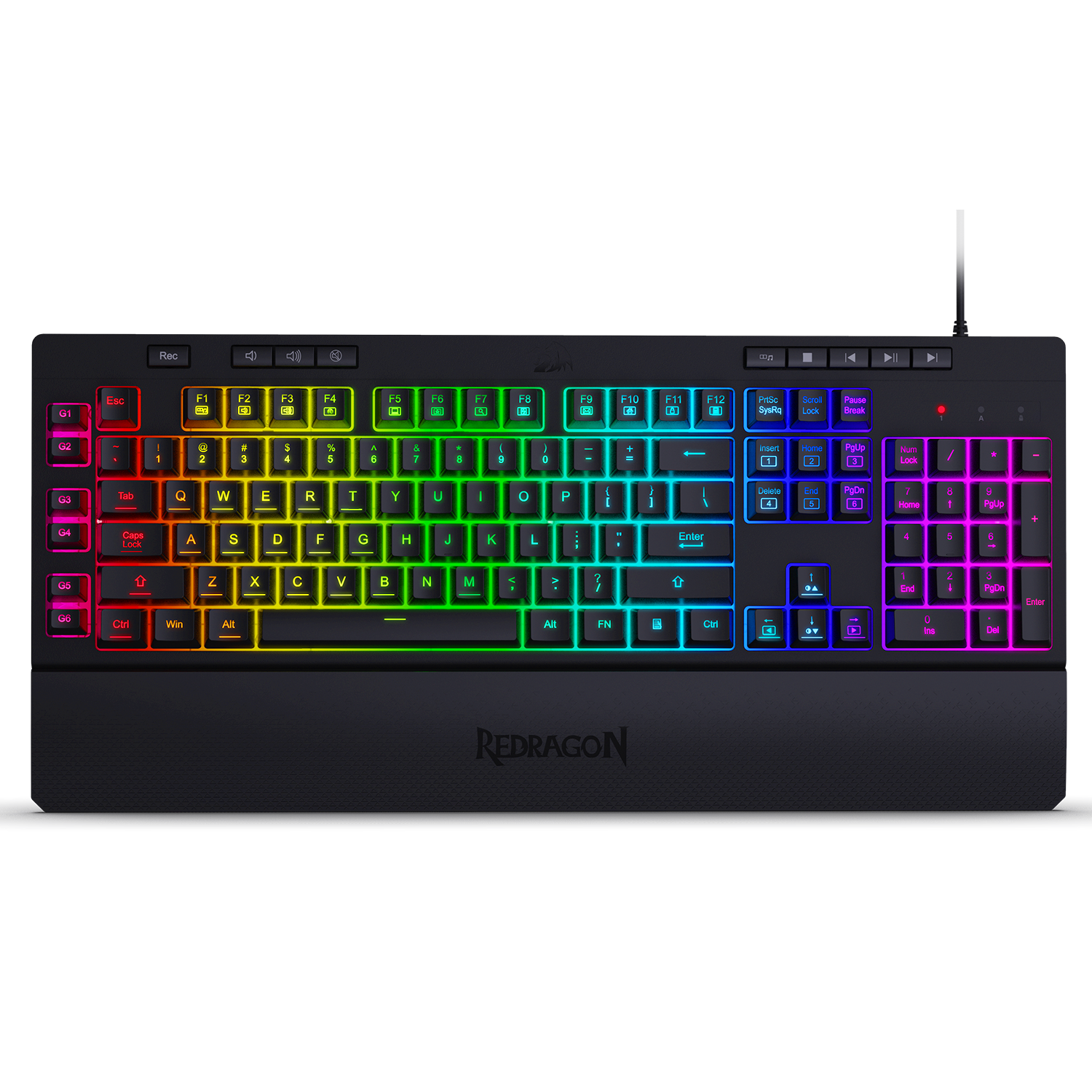Papan Kekunci Permainan Membran RGB Redragon K512 SHIVA dengan Kekunci Multimedia, 6 Kekunci Makro On-Board Tambahan, Kawalan Media Khusus, Tempat Letak Pergelangan Tangan Boleh Tanggal