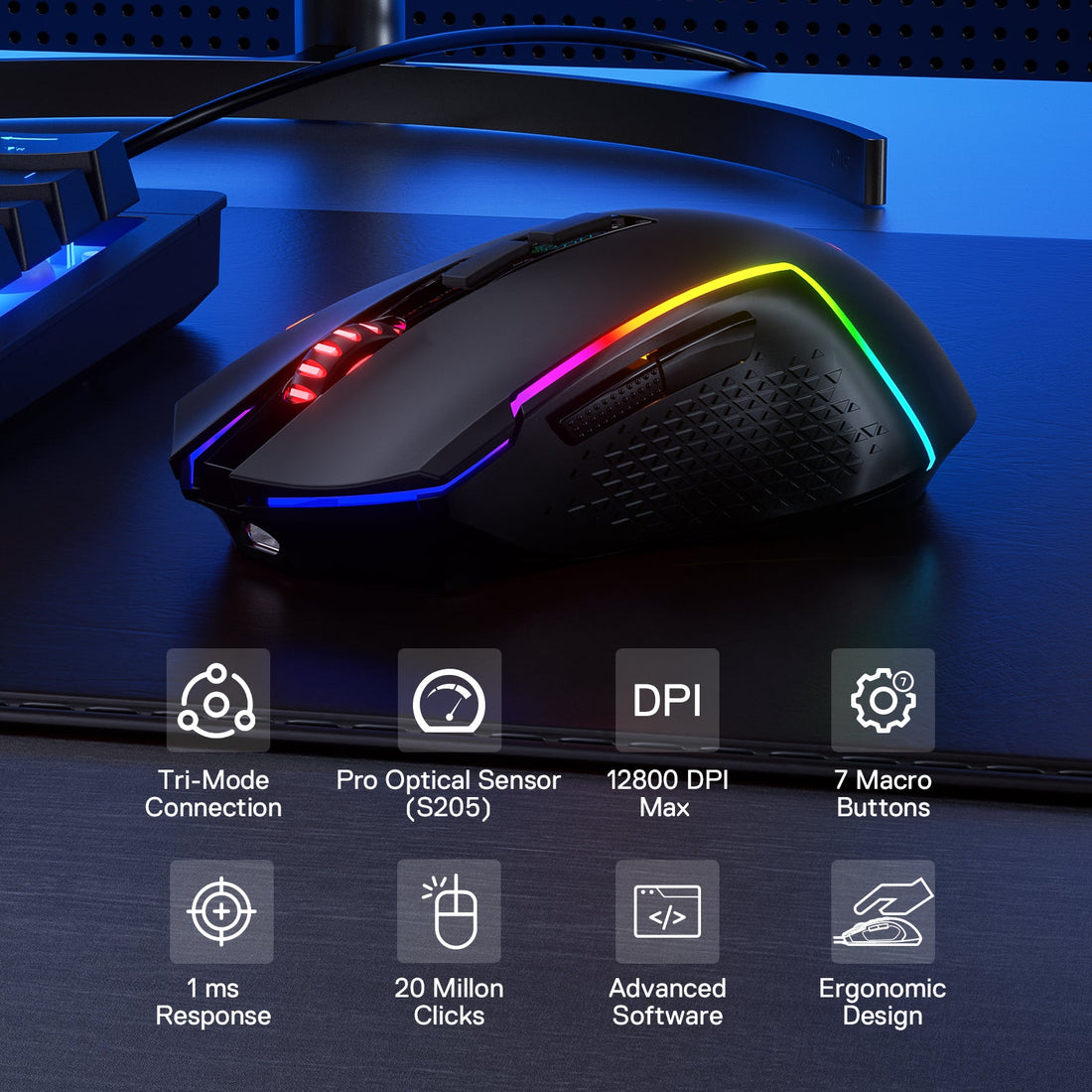 Tetikus Permainan Wayarles Redragon M693 RGB LIT