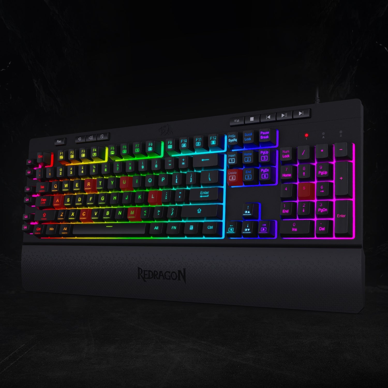 Papan Kekunci Permainan Membran RGB Redragon K512 SHIVA dengan Kekunci Multimedia, 6 Kekunci Makro On-Board Tambahan, Kawalan Media Khusus, Tempat Letak Pergelangan Tangan Boleh Tanggal