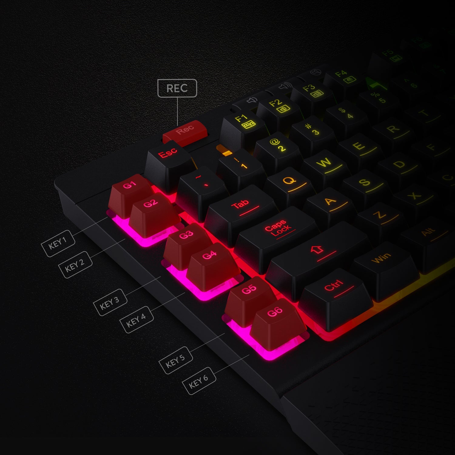 Papan Kekunci Permainan Membran RGB Redragon K512 SHIVA dengan Kekunci Multimedia, 6 Kekunci Makro On-Board Tambahan, Kawalan Media Khusus, Tempat Letak Pergelangan Tangan Boleh Tanggal