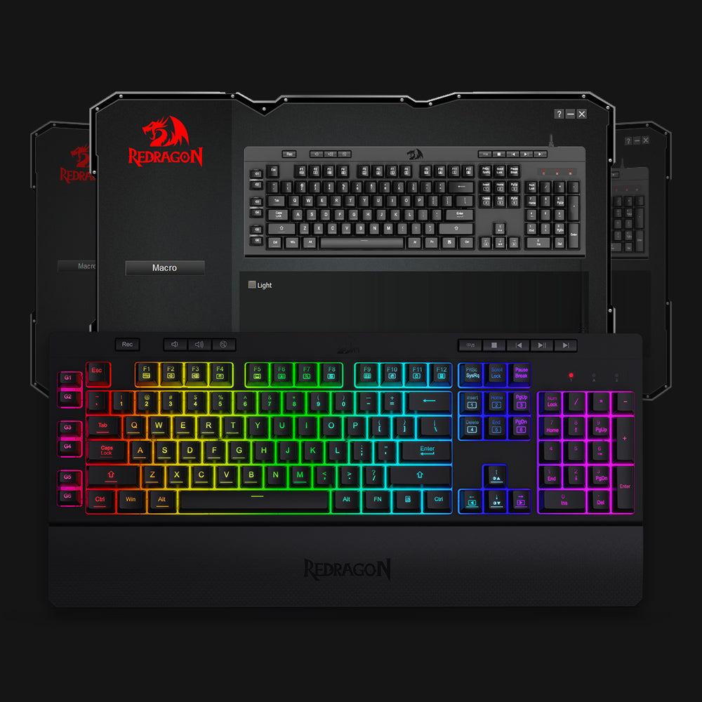 Papan Kekunci Permainan Membran RGB Redragon K512 SHIVA dengan Kekunci Multimedia, 6 Kekunci Makro On-Board Tambahan, Kawalan Media Khusus, Tempat Letak Pergelangan Tangan Boleh Tanggal