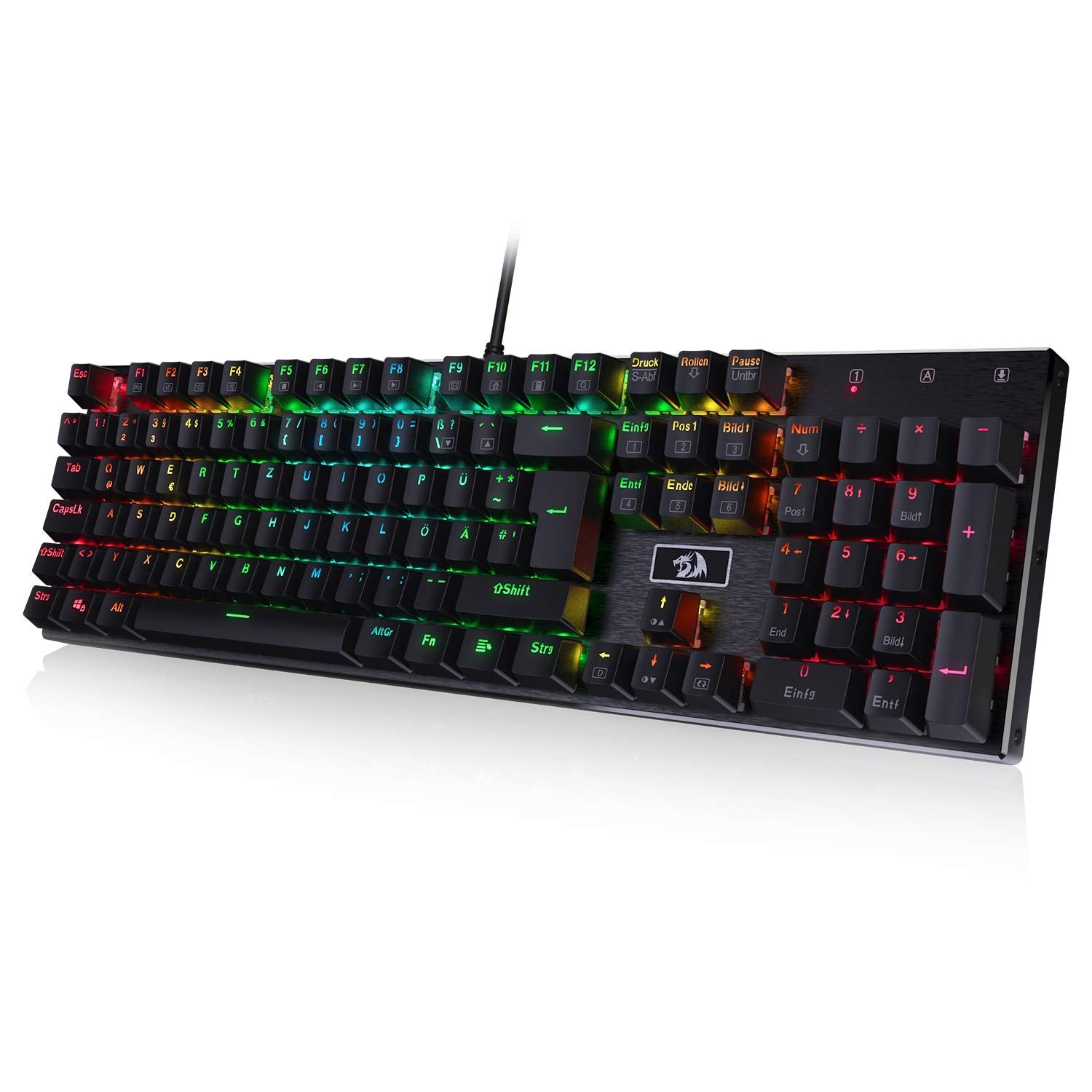 Redragon K556-DE Papan Kekunci Permainan Mekanikal, QWERTZ, Suis Coklat, Papan Kekunci Sentuh & Klik, Lampu Belakang RGB 18 Mod, Boleh Diprogram Penuh, Panel Semua Logam, Papan Kekunci Ergonomik, Hitam