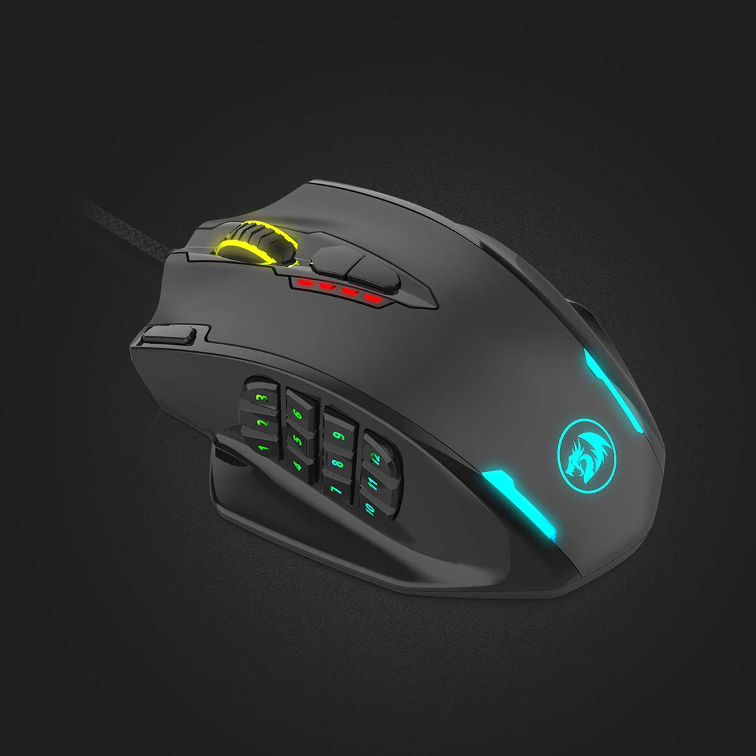 Redragon M908 Impact RGB LED Tetikus MMO Tetikus Permainan Laser USB dengan 12400dpi, Ketepatan Tinggi, 18 Butang Sisi Boleh Atur Cara, Reka Bentuk Ergonomik, Hitam