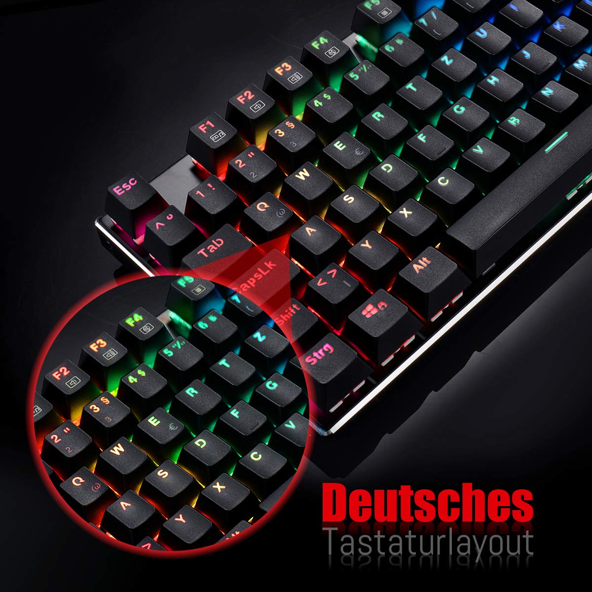 Redragon K556-DE Papan Kekunci Permainan Mekanikal, QWERTZ, Suis Coklat, Papan Kekunci Sentuh & Klik, Lampu Belakang RGB 18 Mod, Boleh Diprogram Penuh, Panel Semua Logam, Papan Kekunci Ergonomik, Hitam