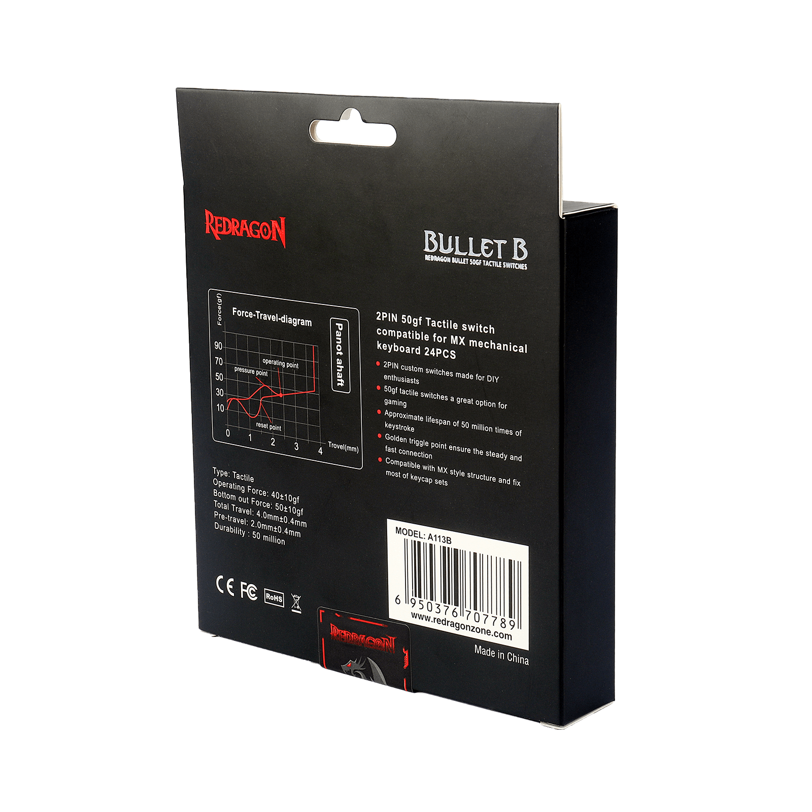 Redragon A113 Bullet-B Suis Mekanikal Taktil, Mod Suis Kliki Papan Kekunci DIY Hot-Swappable, 50 Juta Klik (24 Pcs Suis, Penarik Keycap + Suis)