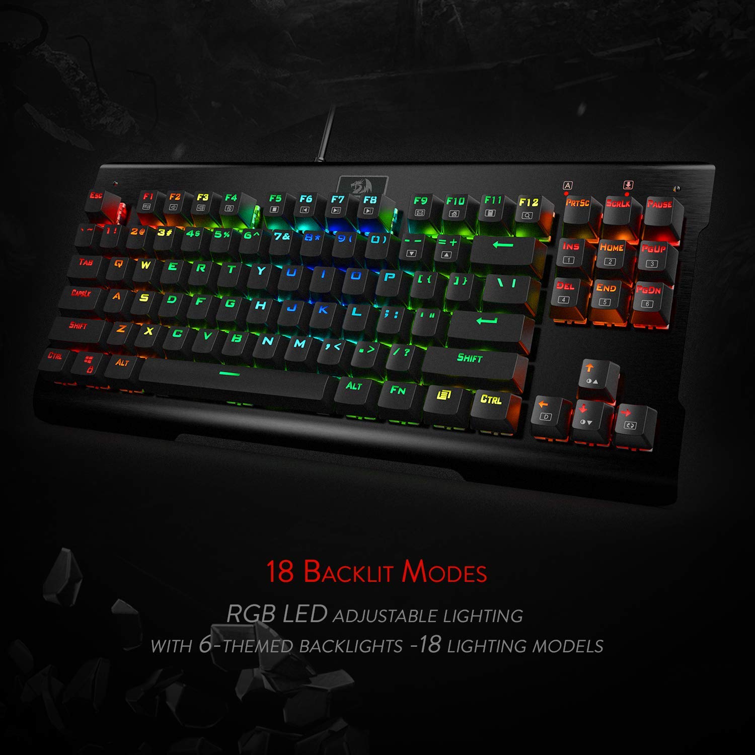 Papan Kekunci Permainan Mekanikal Redragon K561 VISNU, 87 Kekunci Anti-ghosting, Lampu Latar RGB, Papan Kekunci Kompak Berwayar dengan Suis Biru Clicky untuk Komputer Riba, Windows, Permainan PC