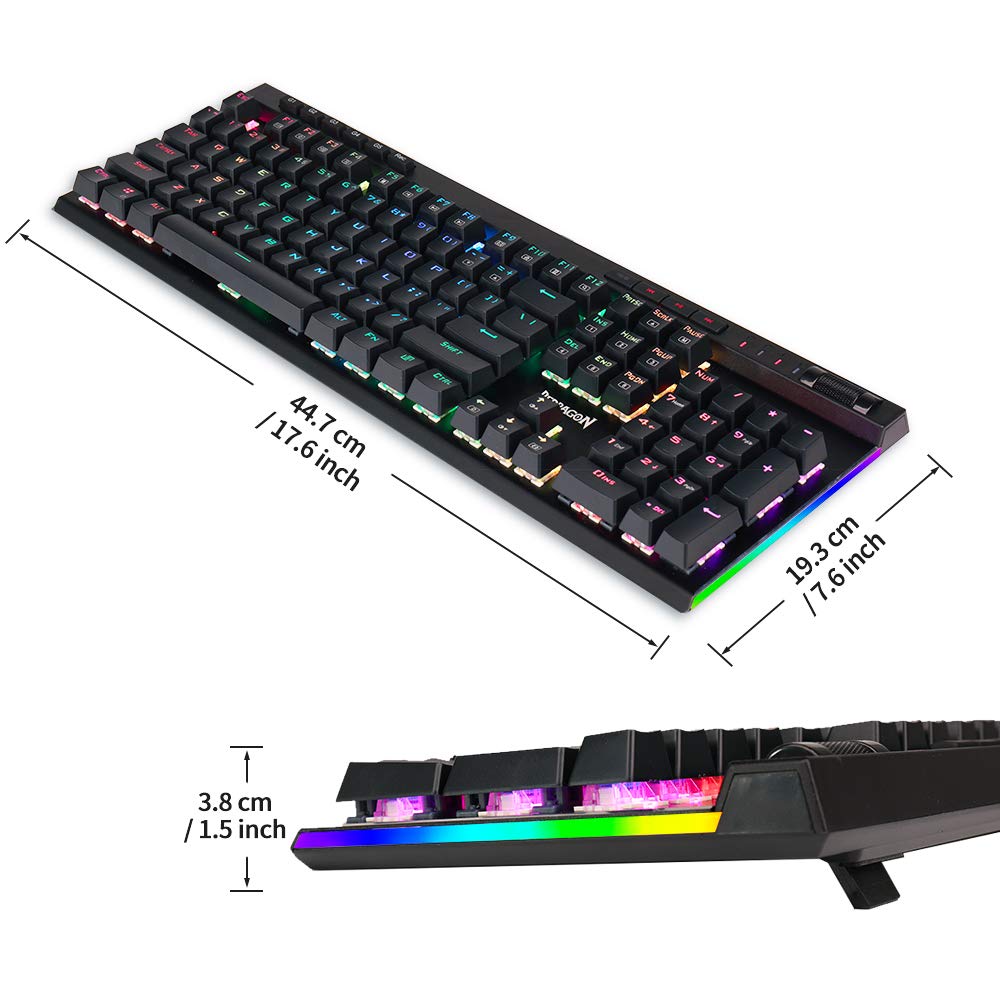 Papan Kekunci Permainan Mekanikal LED RGB Redragon K580 VATA Lampu Belakang 104 Kekunci Anti-Ghosting dengan Kekunci Makro dan Kawalan Media Khusus (Suis Biru)
