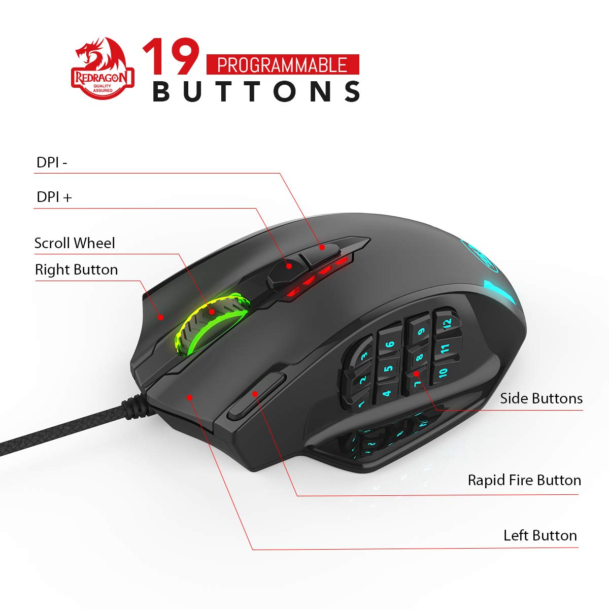 Redragon M908 Impact RGB LED Tetikus MMO Tetikus Permainan Laser USB dengan 12400dpi, Ketepatan Tinggi, 18 Butang Sisi Boleh Atur Cara, Reka Bentuk Ergonomik, Hitam