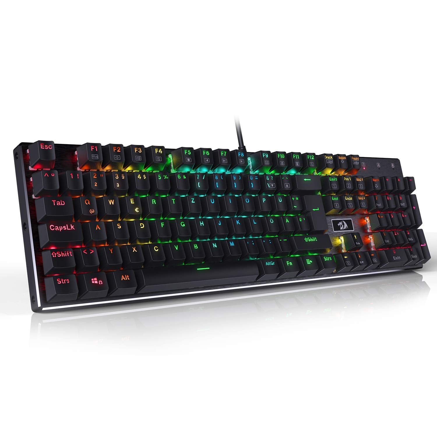 Redragon K556-DE Papan Kekunci Permainan Mekanikal, QWERTZ, Suis Coklat, Papan Kekunci Sentuh & Klik, Lampu Belakang RGB 18 Mod, Boleh Diprogram Penuh, Panel Semua Logam, Papan Kekunci Ergonomik, Hitam