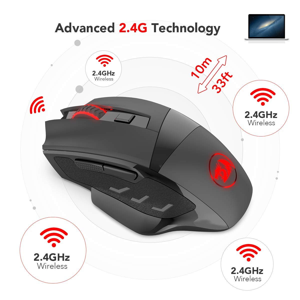 Redragon M653 MIG Mini Tetikus Tanpa Wayar Tetikus Optik 2.4G Tanpa Kable dengan Penerima Nano USB untuk Pejabat & Permainan, 5 DPI Boleh Laras, 6 Butang Tetikus Optik untuk PC Desktop, Macbook, Notebook, PC, Laptop, Komputer