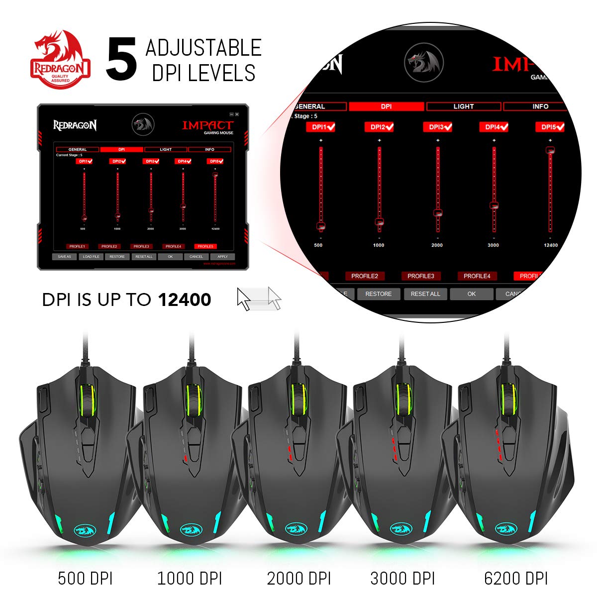 Redragon M908 Impact RGB LED Tetikus MMO Tetikus Permainan Laser USB dengan 12400dpi, Ketepatan Tinggi, 18 Butang Sisi Boleh Atur Cara, Reka Bentuk Ergonomik, Hitam