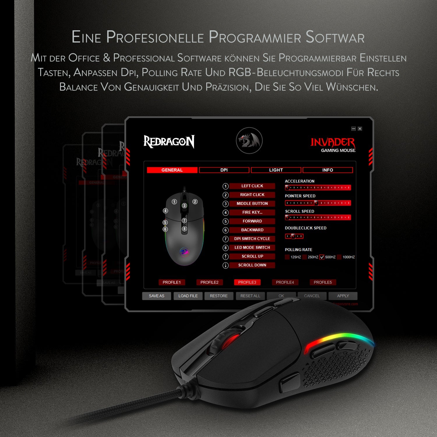Redragon M719 Invader Gaming Mouse 10.000 DPI PC Mouse dengan Lampu RGB / 7 Butang Boleh Atur Cara / Butang Tembak Sensor Optik Mouse Gaming Berwayar untuk Pro Gamer (Hitam)