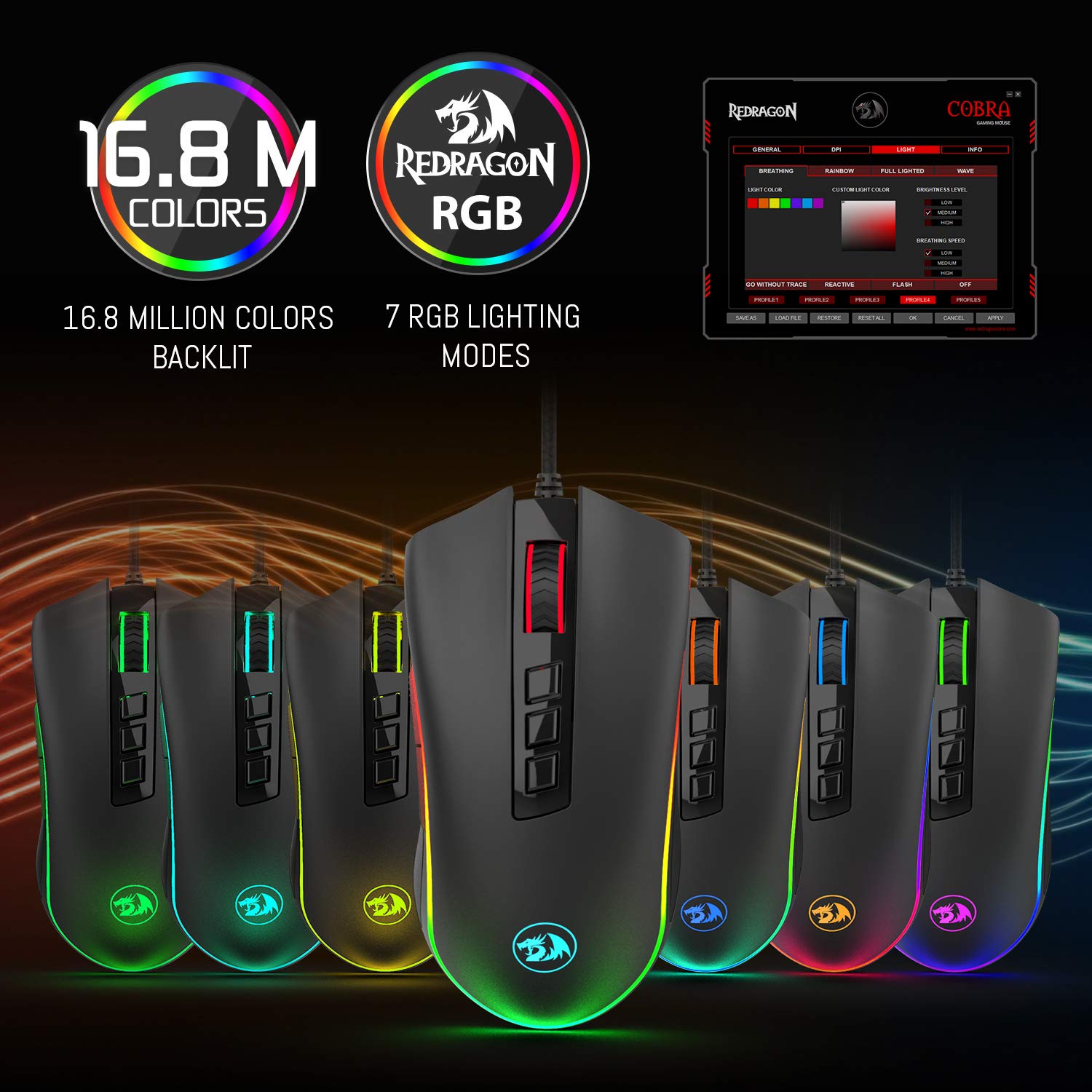 Tetikus Permainan Redragon M711 COBRA dengan Lampu Latar Warna RGB 16.8 Juta, 10,000 DPI Boleh Laras, Cengkaman Selesa, 7 Butang Boleh Atur Cara