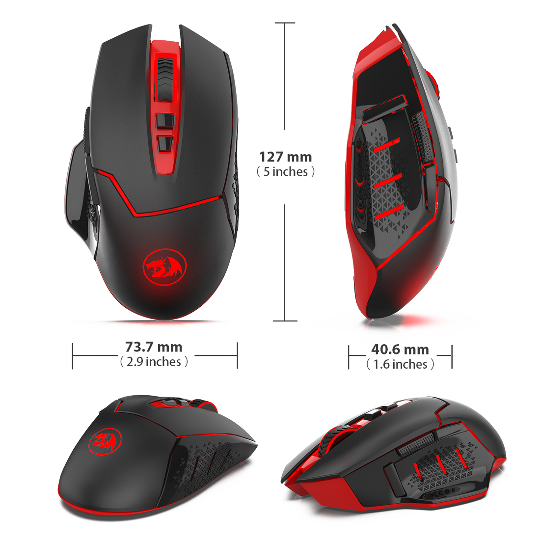 Tetikus Permainan Wayarles Redragon M690-1 dengan Peralihan DPI, 2 Butang Sisi, 2400 DPI, Reka Bentuk Ergonomik, 7 Butang-Hitam