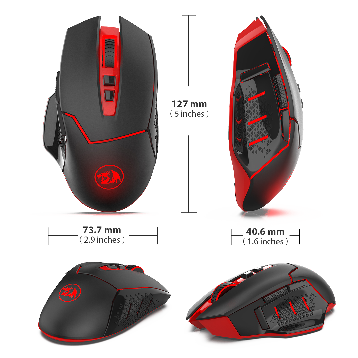Tetikus Permainan Wayarles Redragon M690-1 dengan Peralihan DPI, 2 Butang Sisi, 2400 DPI, Reka Bentuk Ergonomik, 7 Butang-Hitam