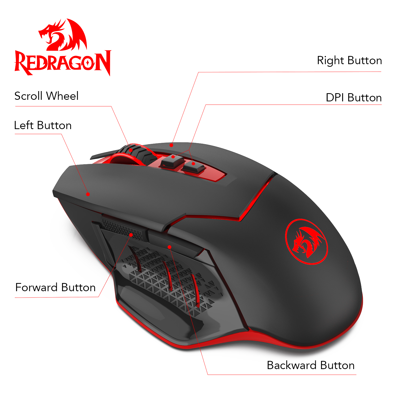 Tetikus Permainan Wayarles Redragon M690-1 dengan Peralihan DPI, 2 Butang Sisi, 2400 DPI, Reka Bentuk Ergonomik, 7 Butang-Hitam