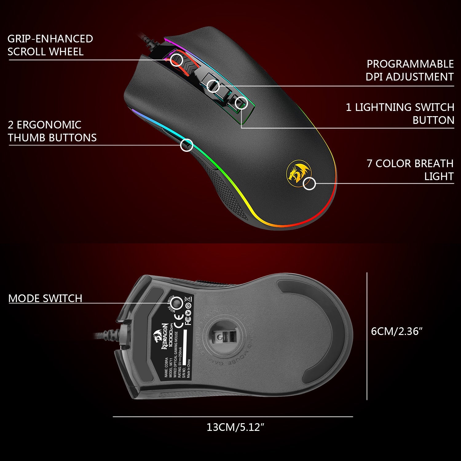 Redragon COBRA M711-FPS Penderia sempurna, Suis Optikal LK, Tetikus Permainan 24000DPI, Lampu belakang RGB 16.8 Juta
