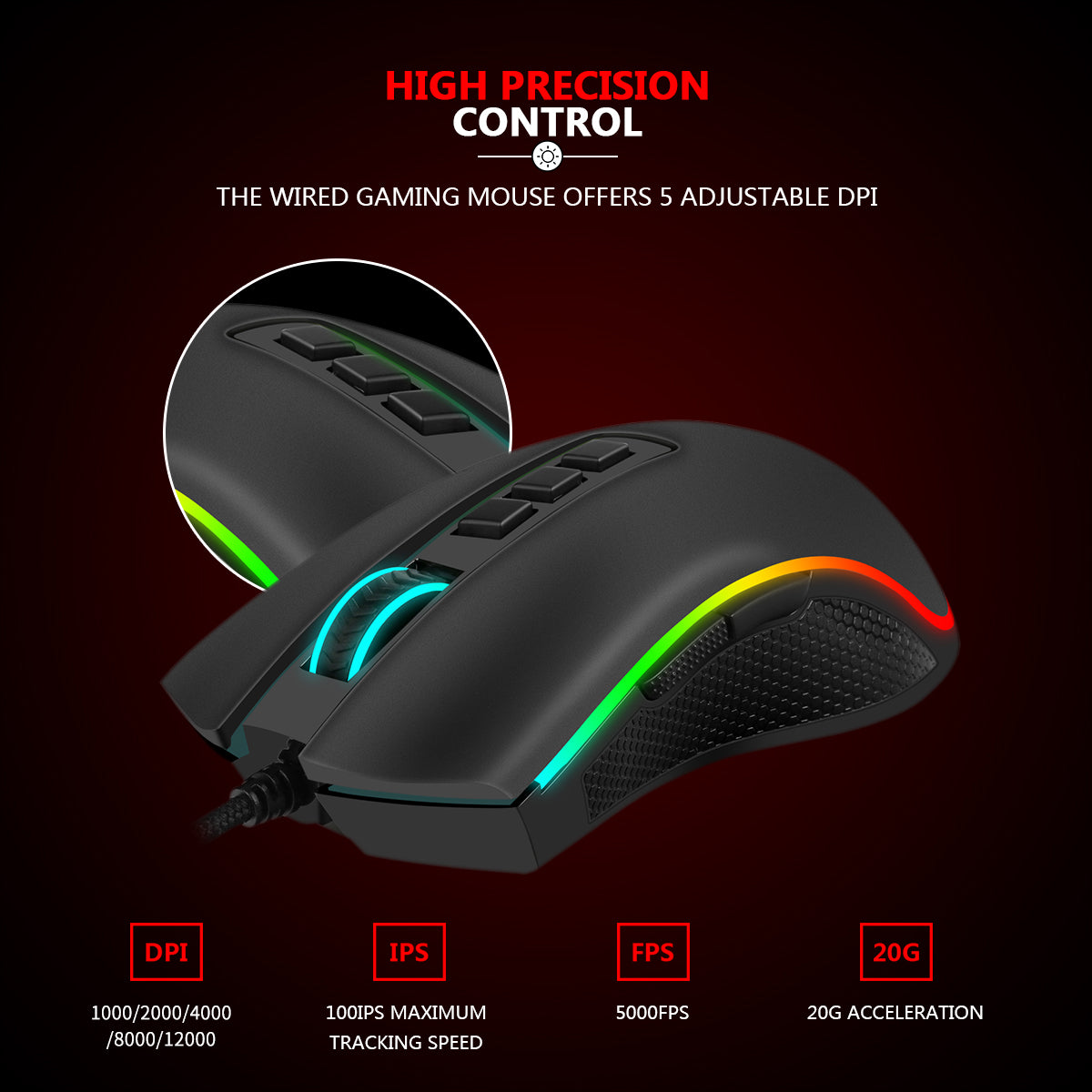 Redragon COBRA M711-FPS Penderia sempurna, Suis Optikal LK, Tetikus Permainan 24000DPI, Lampu belakang RGB 16.8 Juta