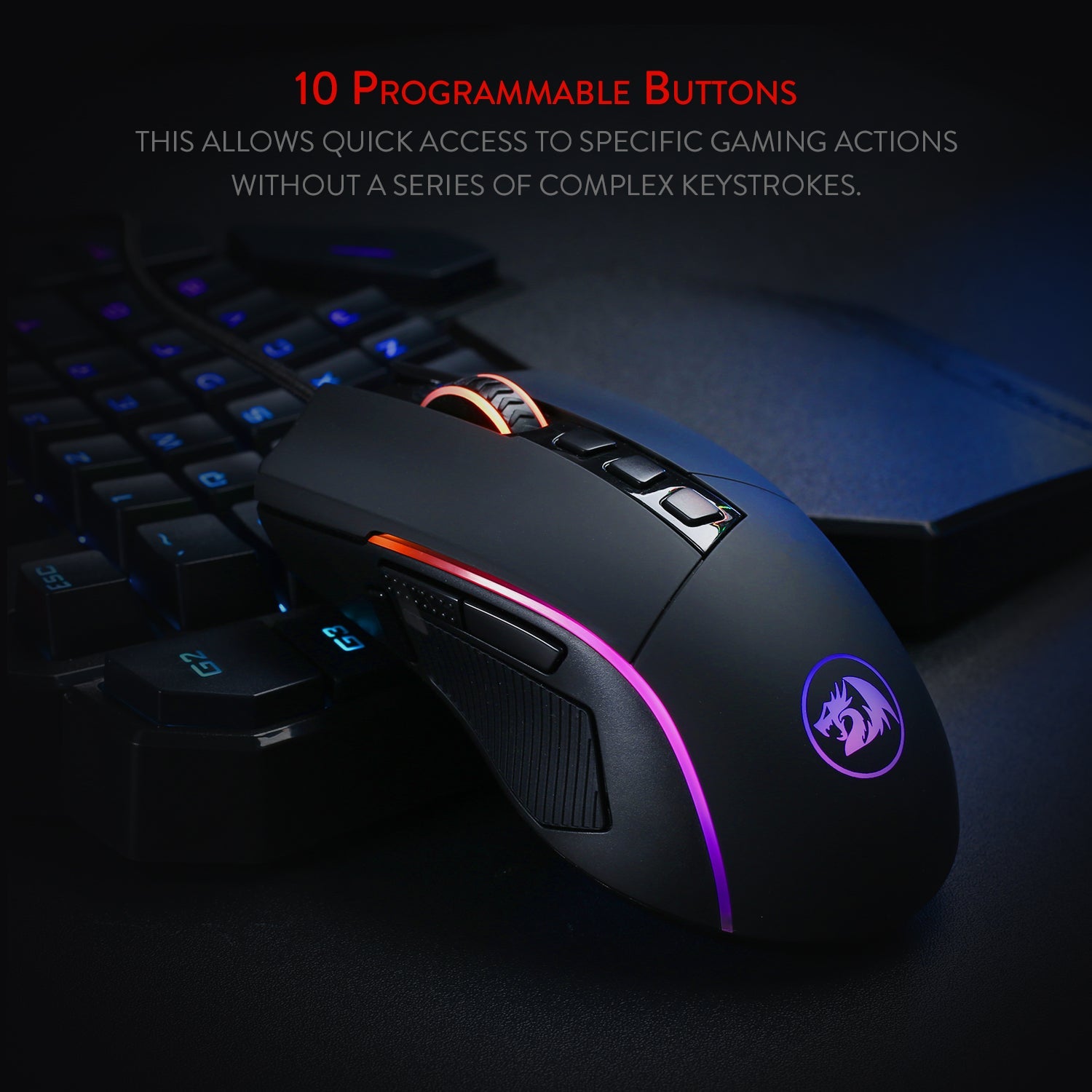 Tetikus Permainan Redragon M721-Pro Lonewolf2, Tetikus Berwayar Lampu RGB, 10 Butang Boleh Atur Cara, 32,000 DPI Boleh Laras, Cengkaman Selesa Tetikus Permainan Komputer PC Optik Ergonomik dengan Butang Tembakan