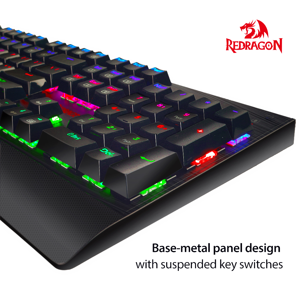 Papan Kekunci Permainan Mekanikal Kalis Air Lampu Latar RGB Redragon K557 dengan Suis Biru, Anti-ghosting 104 Kekunci
