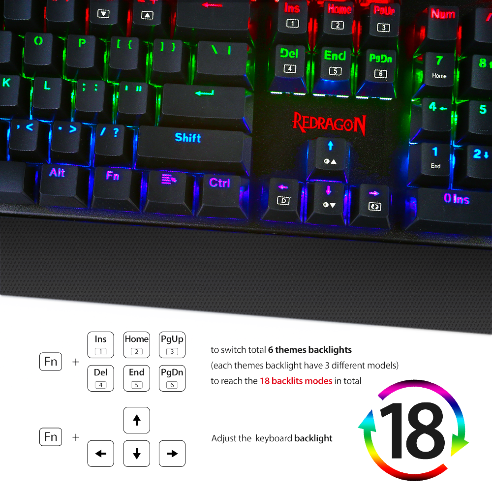 Papan Kekunci Permainan Mekanikal Kalis Air Lampu Latar RGB Redragon K557 dengan Suis Biru, Anti-ghosting 104 Kekunci