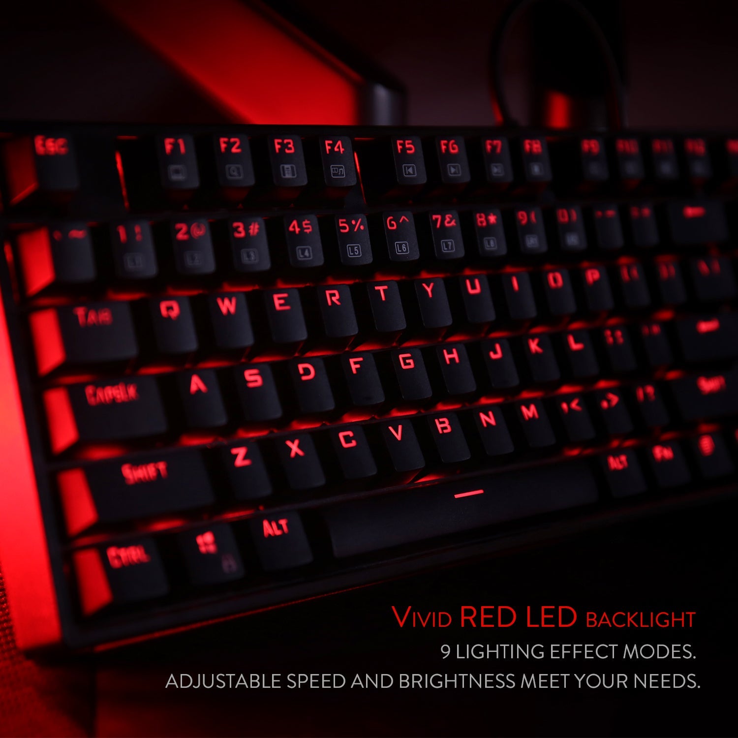 Papan Kekunci Permainan Mekanikal Lampu Latar LED Merah Redragon K582 SURARA, 104 Kekunci Standard dan Suis Merah Senyap