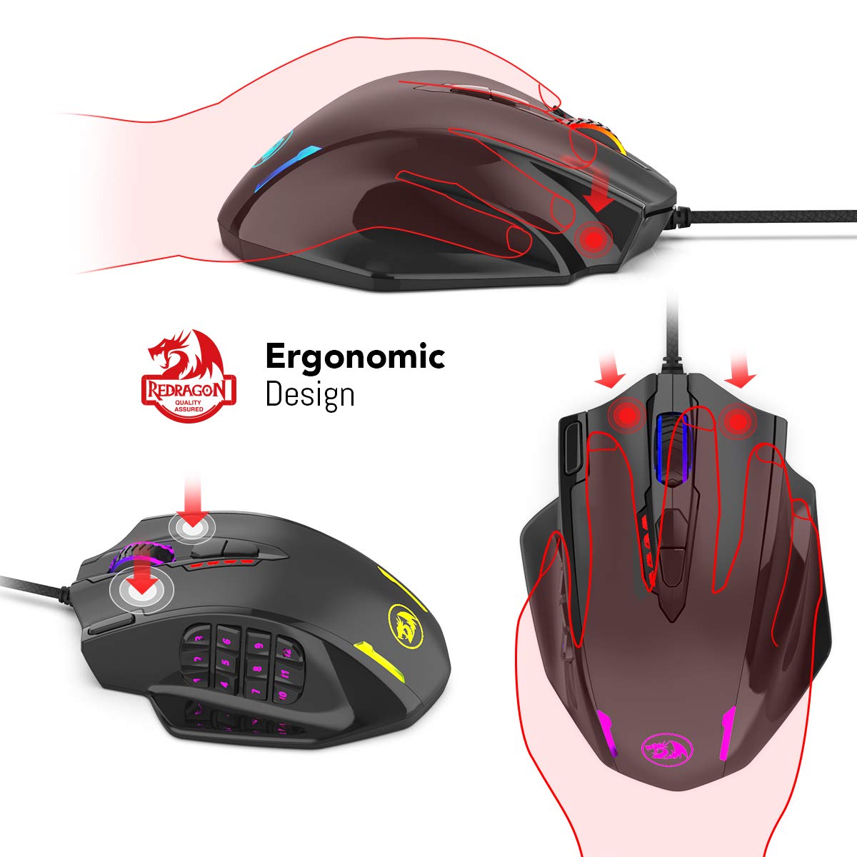 Redragon M908 Impact RGB LED Tetikus MMO Tetikus Permainan Laser USB dengan 12400dpi, Ketepatan Tinggi, 18 Butang Sisi Boleh Atur Cara, Reka Bentuk Ergonomik, Hitam