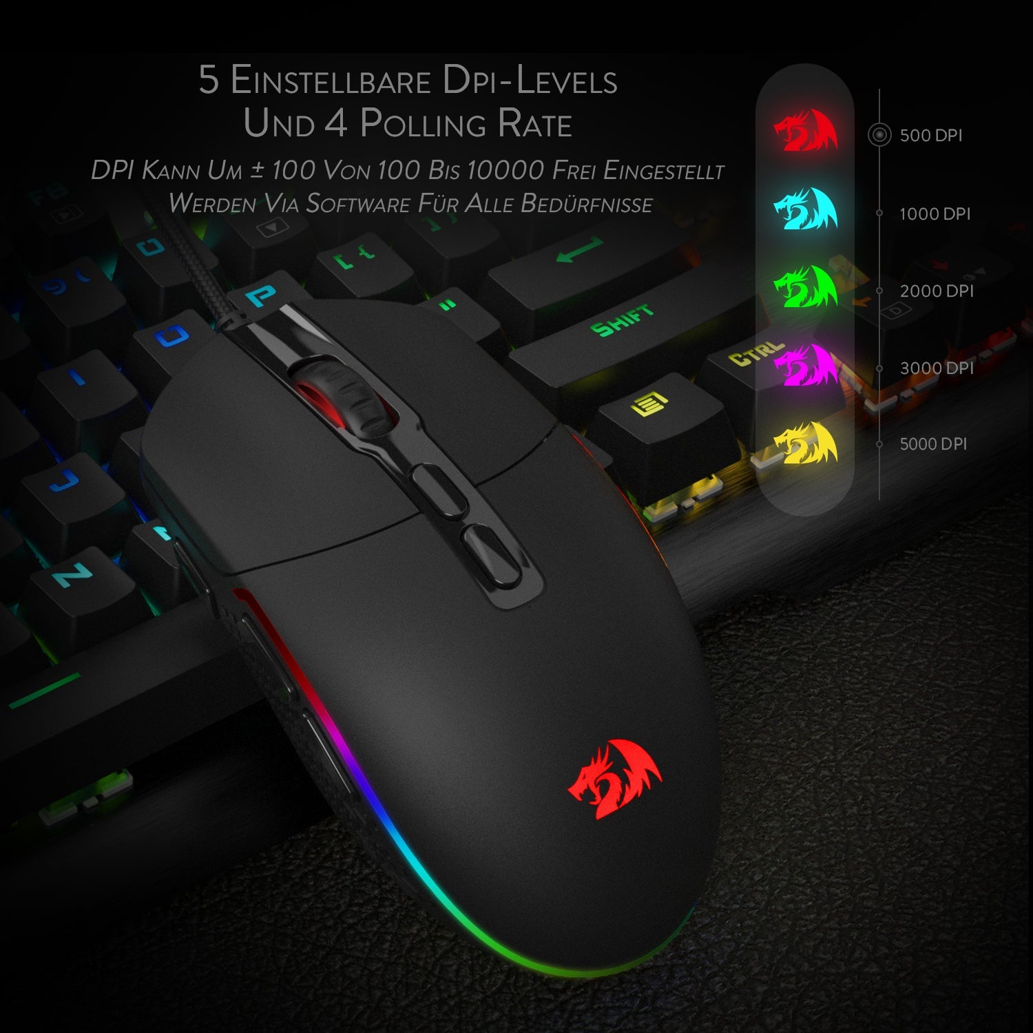 Redragon M719 Invader Gaming Mouse 10.000 DPI PC Mouse dengan Lampu RGB / 7 Butang Boleh Atur Cara / Butang Tembak Sensor Optik Mouse Gaming Berwayar untuk Pro Gamer (Hitam)