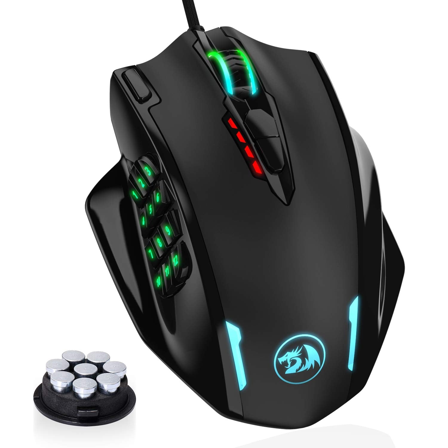 Redragon M908 Impact RGB LED Tetikus MMO Tetikus Permainan Laser USB dengan 12400dpi, Ketepatan Tinggi, 18 Butang Sisi Boleh Atur Cara, Reka Bentuk Ergonomik, Hitam