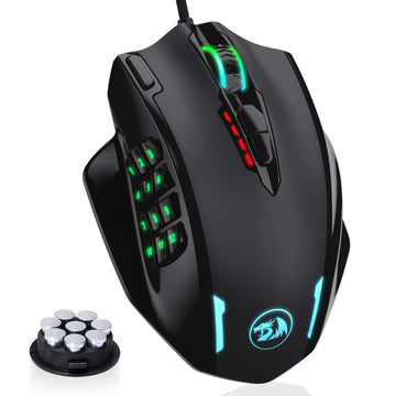Redragon M908 Impact RGB LED Tetikus MMO Tetikus Permainan Laser USB dengan 12400dpi, Ketepatan Tinggi, 18 Butang Sisi Boleh Atur Cara, Reka Bentuk Ergonomik, Hitam