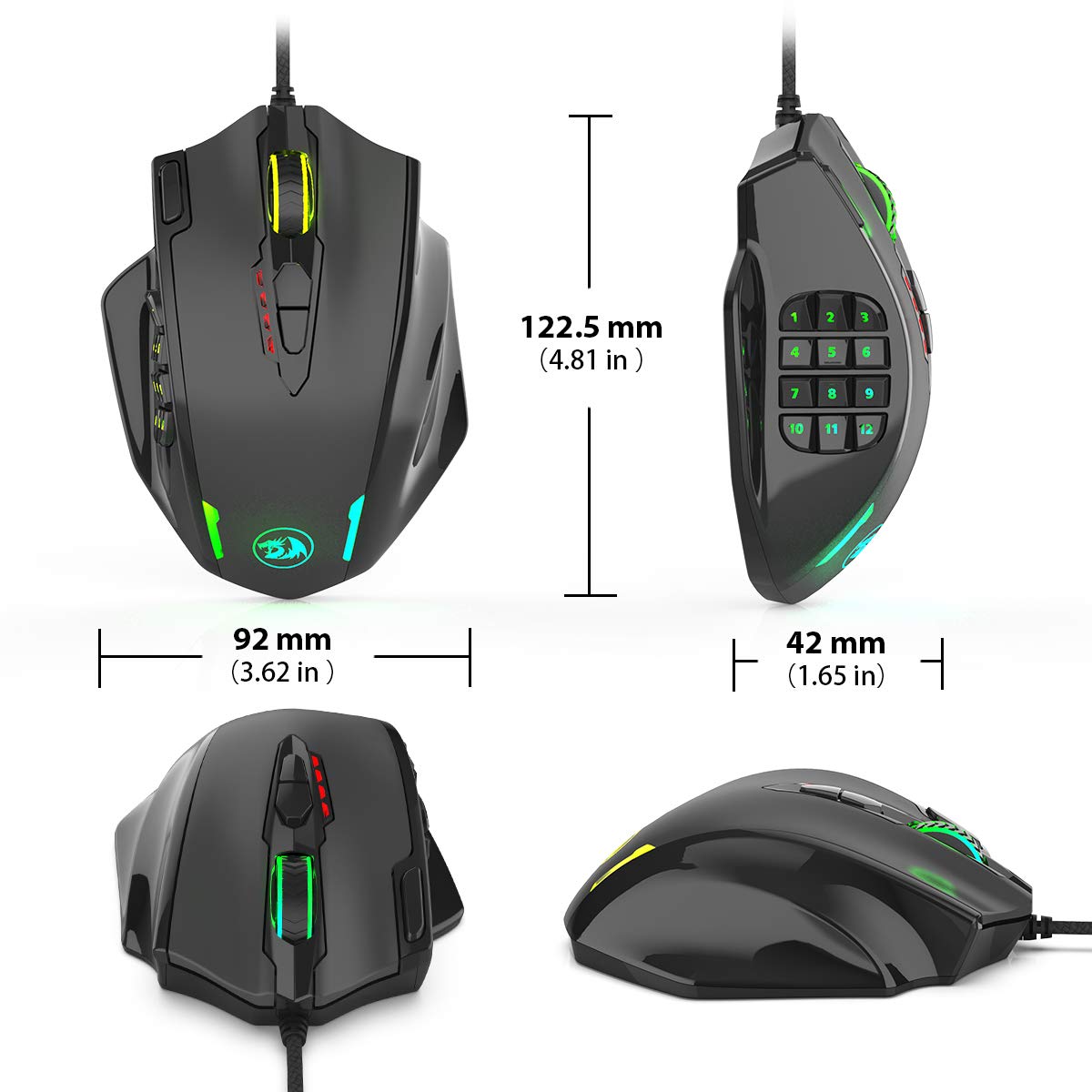 Redragon M908 Impact RGB LED Tetikus MMO Tetikus Permainan Laser USB dengan 12400dpi, Ketepatan Tinggi, 18 Butang Sisi Boleh Atur Cara, Reka Bentuk Ergonomik, Hitam