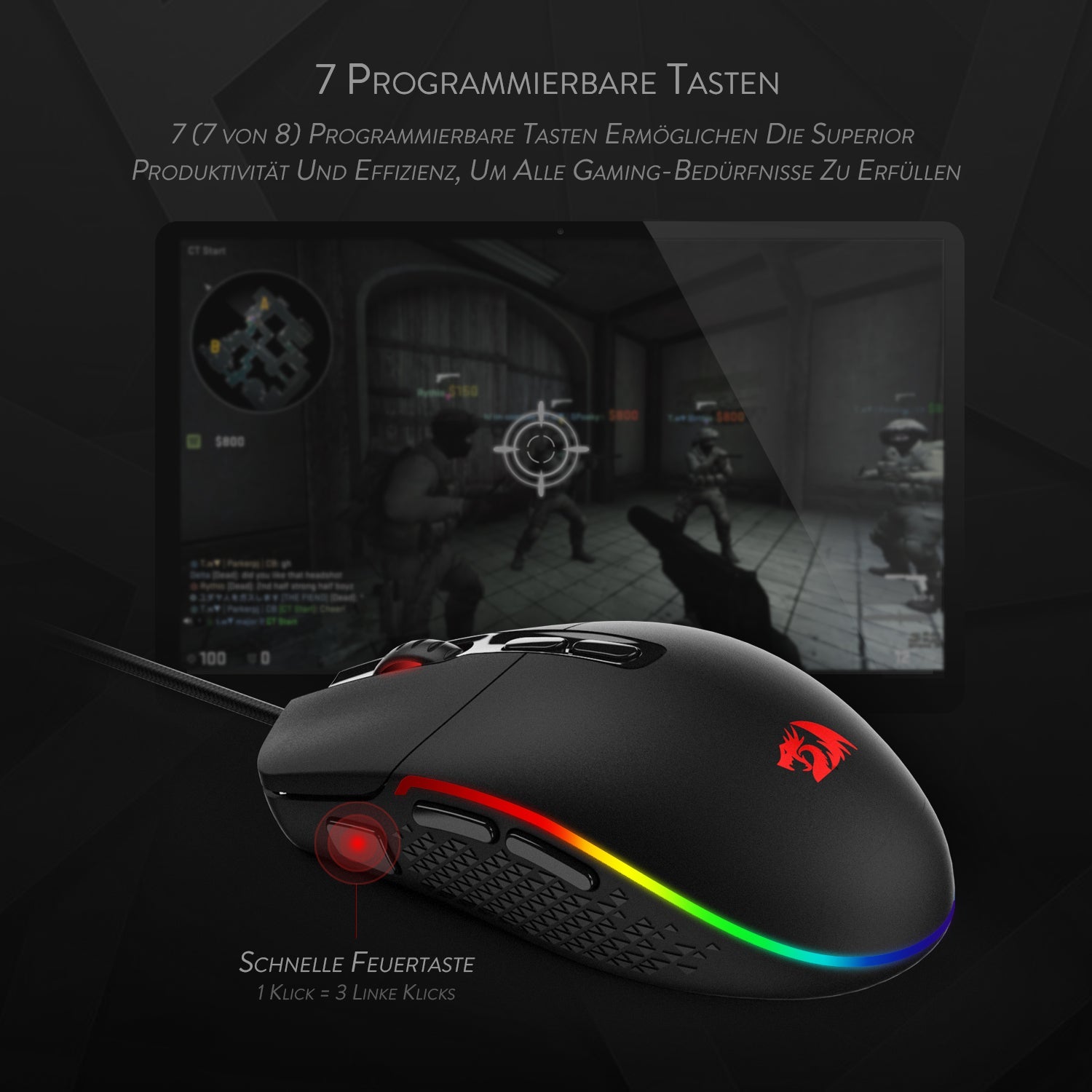 Redragon M719 Invader Gaming Mouse 10.000 DPI PC Mouse dengan Lampu RGB / 7 Butang Boleh Atur Cara / Butang Tembak Sensor Optik Mouse Gaming Berwayar untuk Pro Gamer (Hitam)