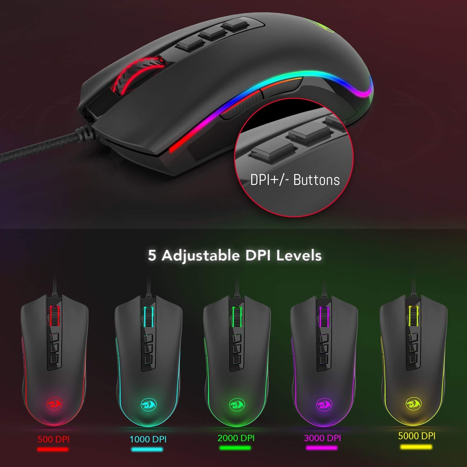 Tetikus Permainan Redragon M711 COBRA dengan Lampu Latar Warna RGB 16.8 Juta, 10,000 DPI Boleh Laras, Cengkaman Selesa, 7 Butang Boleh Atur Cara