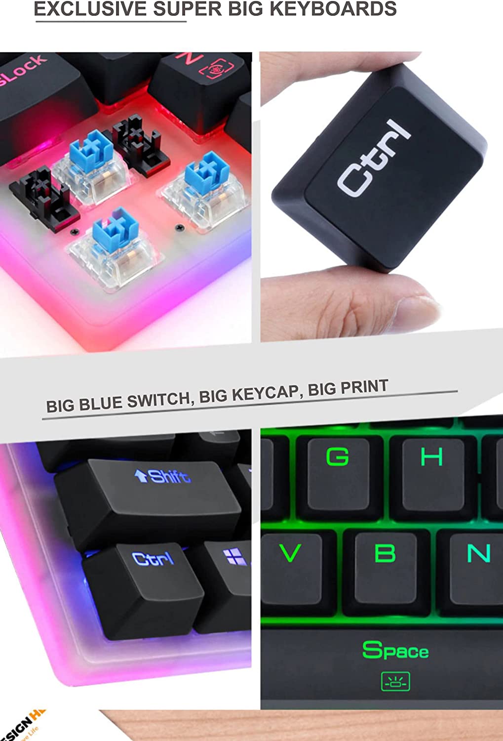 Papan Kekunci Permainan Mekanikal Gergasi Redragon K605 Alien, 61 Kekunci Sangat Besar & Suis Biru Outemu, Papan Kekunci NKRO Anti-Ghosting Bebas Konflik Kekunci Penuh Type-C Berwayar Ergonomik Lampu Latar LED RGB