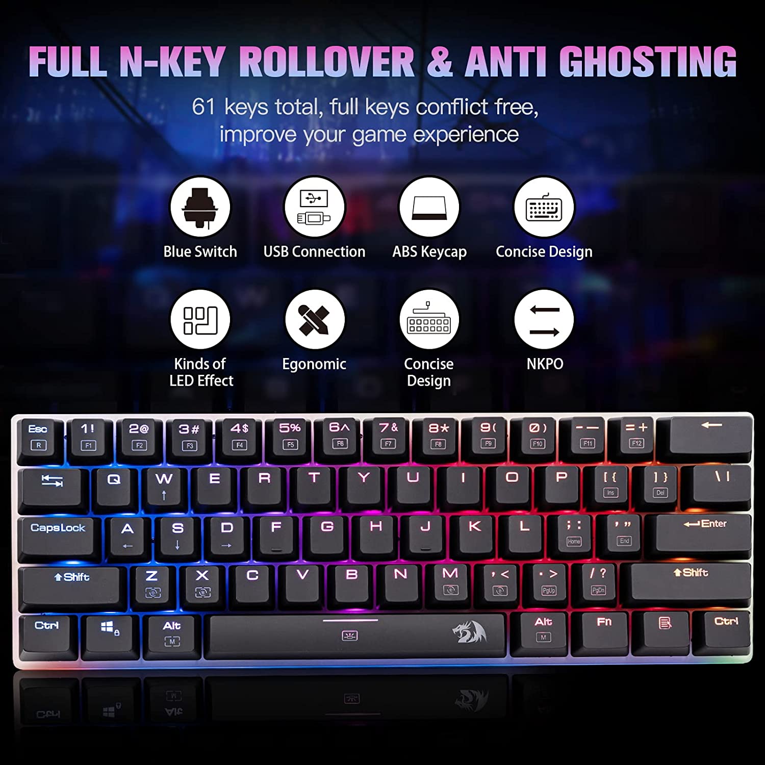 Papan Kekunci Permainan Mekanikal Gergasi Redragon K605 Alien, 61 Kekunci Sangat Besar & Suis Biru Outemu, Papan Kekunci NKRO Anti-Ghosting Bebas Konflik Kekunci Penuh Type-C Berwayar Ergonomik Lampu Latar LED RGB