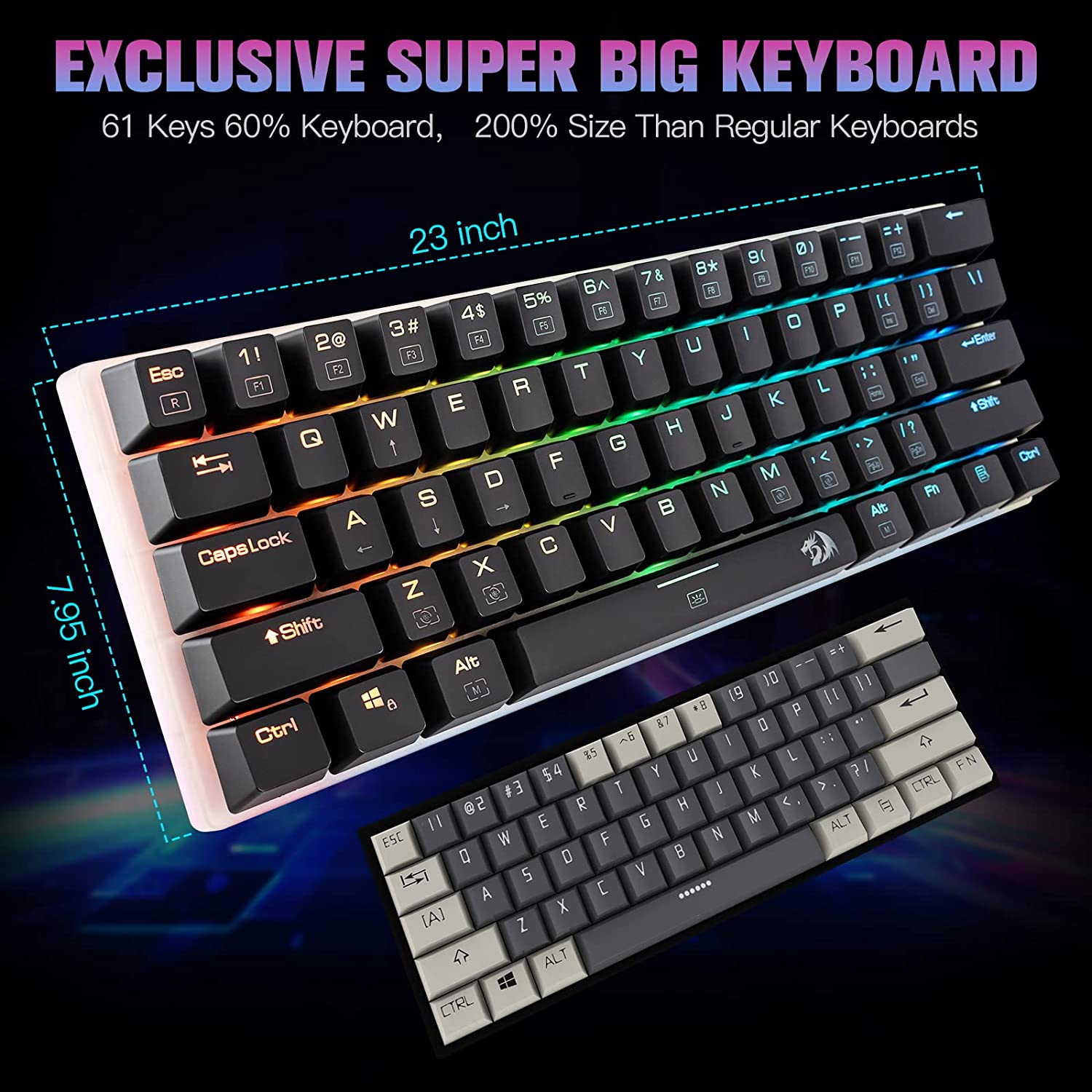 Papan Kekunci Permainan Mekanikal Gergasi Redragon K605 Alien, 61 Kekunci Sangat Besar & Suis Biru Outemu, Papan Kekunci NKRO Anti-Ghosting Bebas Konflik Kekunci Penuh Type-C Berwayar Ergonomik Lampu Latar LED RGB