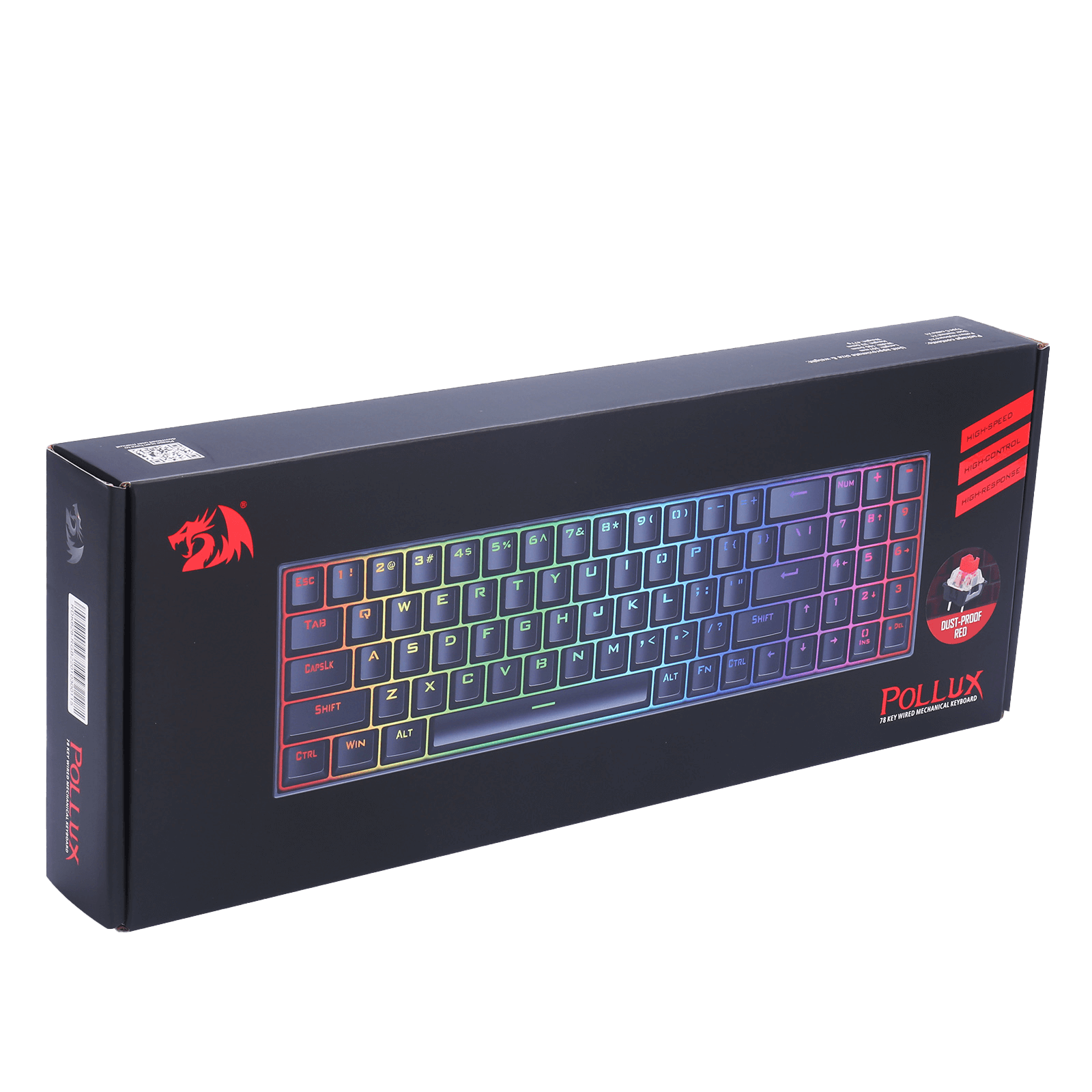 Papan Kekunci Permainan RGB Berwayar Redragon K628 Pollux 75%, Papan Kekunci Mekanikal Padat Boleh Tukar Panas 78 Kekunci dengan Soket Tukar Panas 100%, PCB Lekap Plat Mod Bebas & Kekunci Anak Panah dan Pad Angka Khusus, Suis Merah