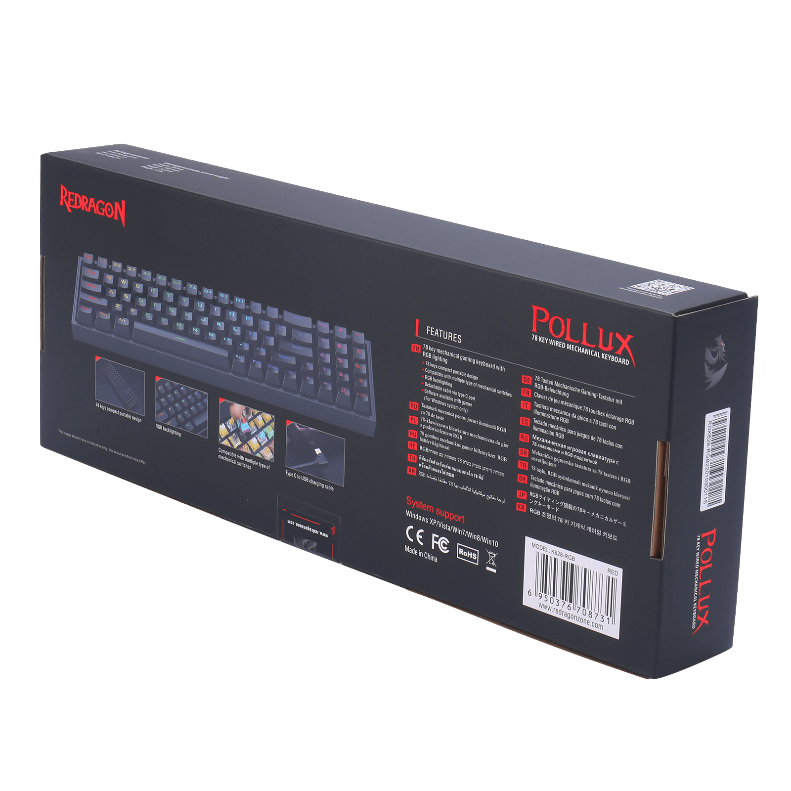 Papan Kekunci Permainan RGB Berwayar Redragon K628 Pollux 75%, Papan Kekunci Mekanikal Padat Boleh Tukar Panas 78 Kekunci dengan Soket Tukar Panas 100%, PCB Lekap Plat Mod Bebas & Kekunci Anak Panah dan Pad Angka Khusus, Suis Merah