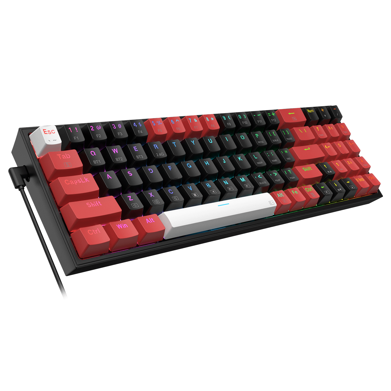 Papan Kekunci Permainan RGB Wayarles 3 Mod Redragon K628 PRO 75%, Papan Kekunci Mekanikal Padat Boleh Tukar Panas 78 Kekunci dengan Soket PCB Mod Bebas Tukar Panas, Kekunci Anak Panah & Pad Nombor Khusus, Suis Merah