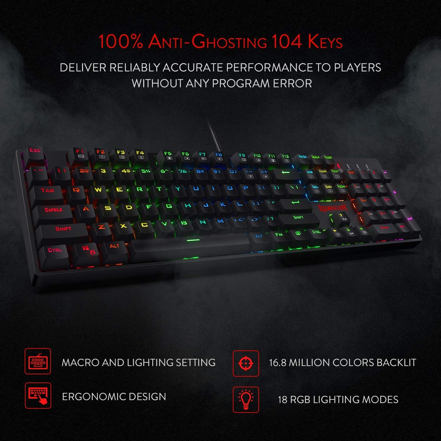Redragon K582-BA USB Papan Kekunci Permainan Mekanikal QWERTY & Kombo Tetikus Permainan M711 Cobra, 10.000 DPI, 7 Butang Boleh Atur Cara, Papan Kekunci Berlampu RGB, Hitam