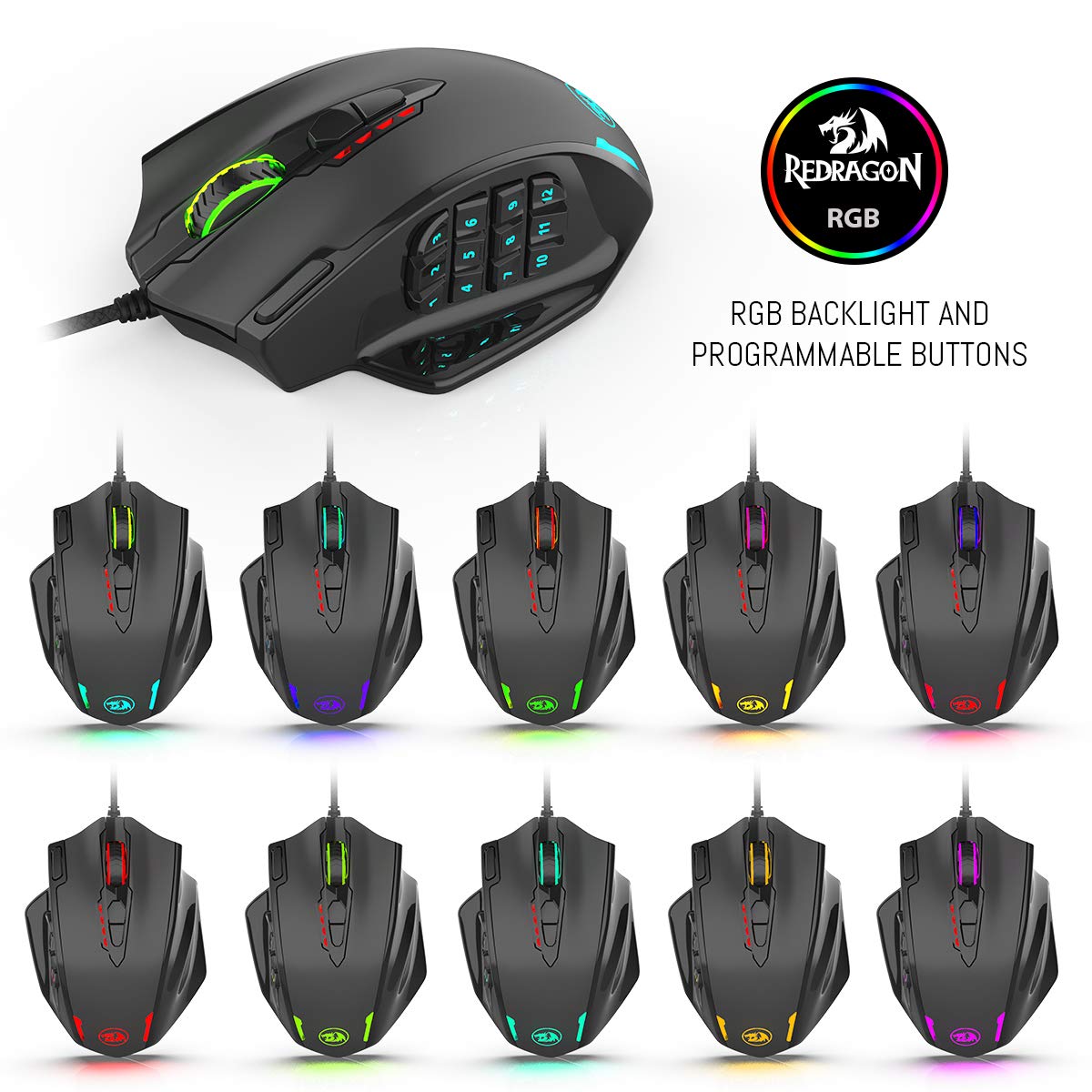 Redragon M908 Impact RGB LED Tetikus MMO Tetikus Permainan Laser USB dengan 12400dpi, Ketepatan Tinggi, 18 Butang Sisi Boleh Atur Cara, Reka Bentuk Ergonomik, Hitam