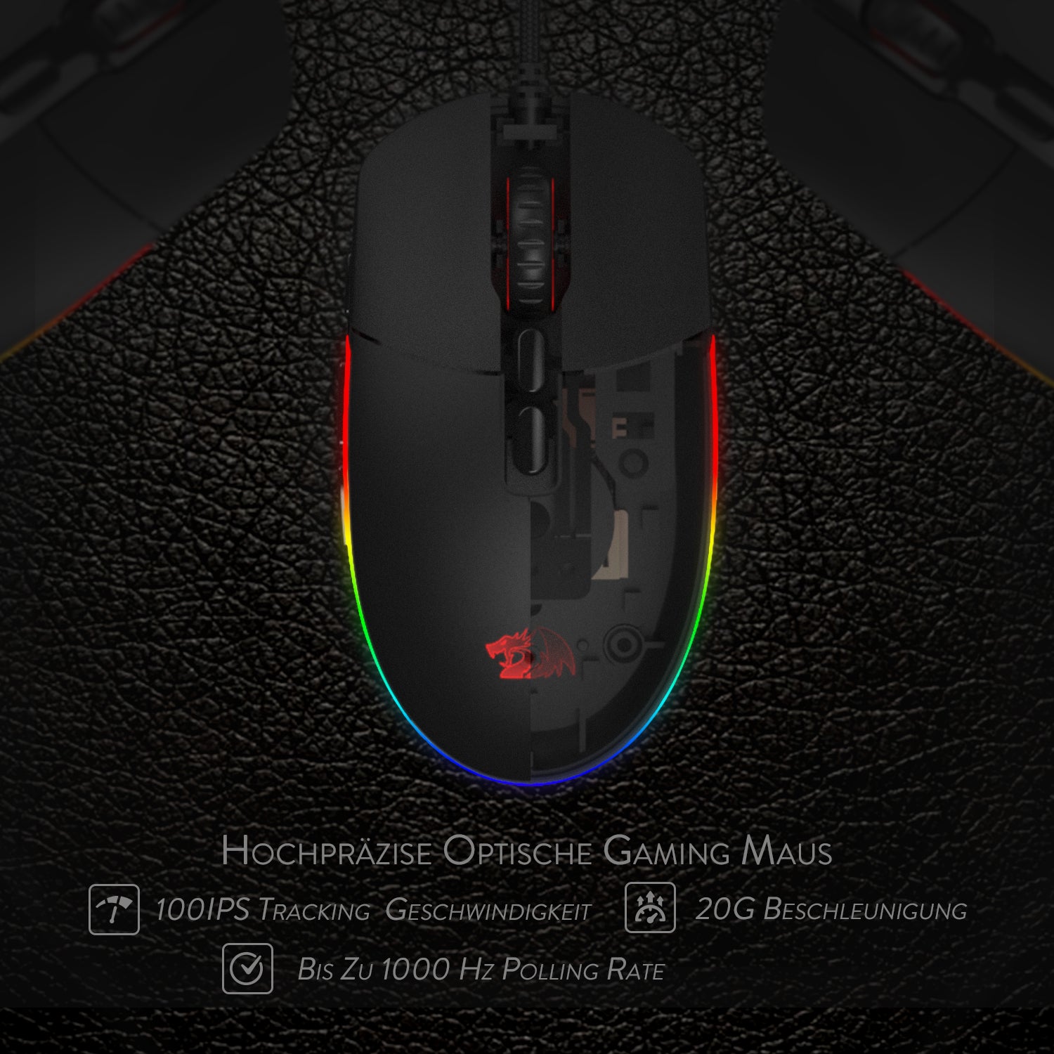 Redragon M719 Invader Gaming Mouse 10.000 DPI PC Mouse dengan Lampu RGB / 7 Butang Boleh Atur Cara / Butang Tembak Sensor Optik Mouse Gaming Berwayar untuk Pro Gamer (Hitam)