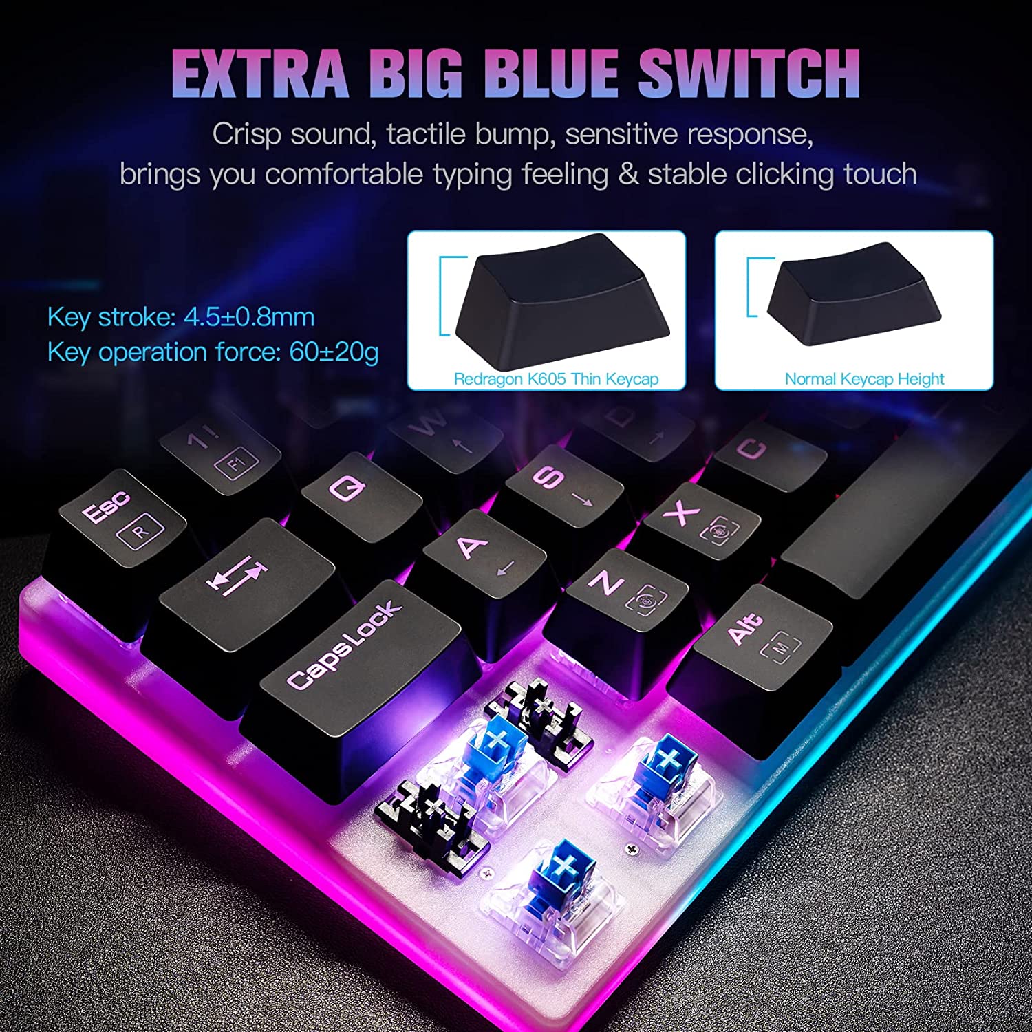 Papan Kekunci Permainan Mekanikal Gergasi Redragon K605 Alien, 61 Kekunci Sangat Besar & Suis Biru Outemu, Papan Kekunci NKRO Anti-Ghosting Bebas Konflik Kekunci Penuh Type-C Berwayar Ergonomik Lampu Latar LED RGB