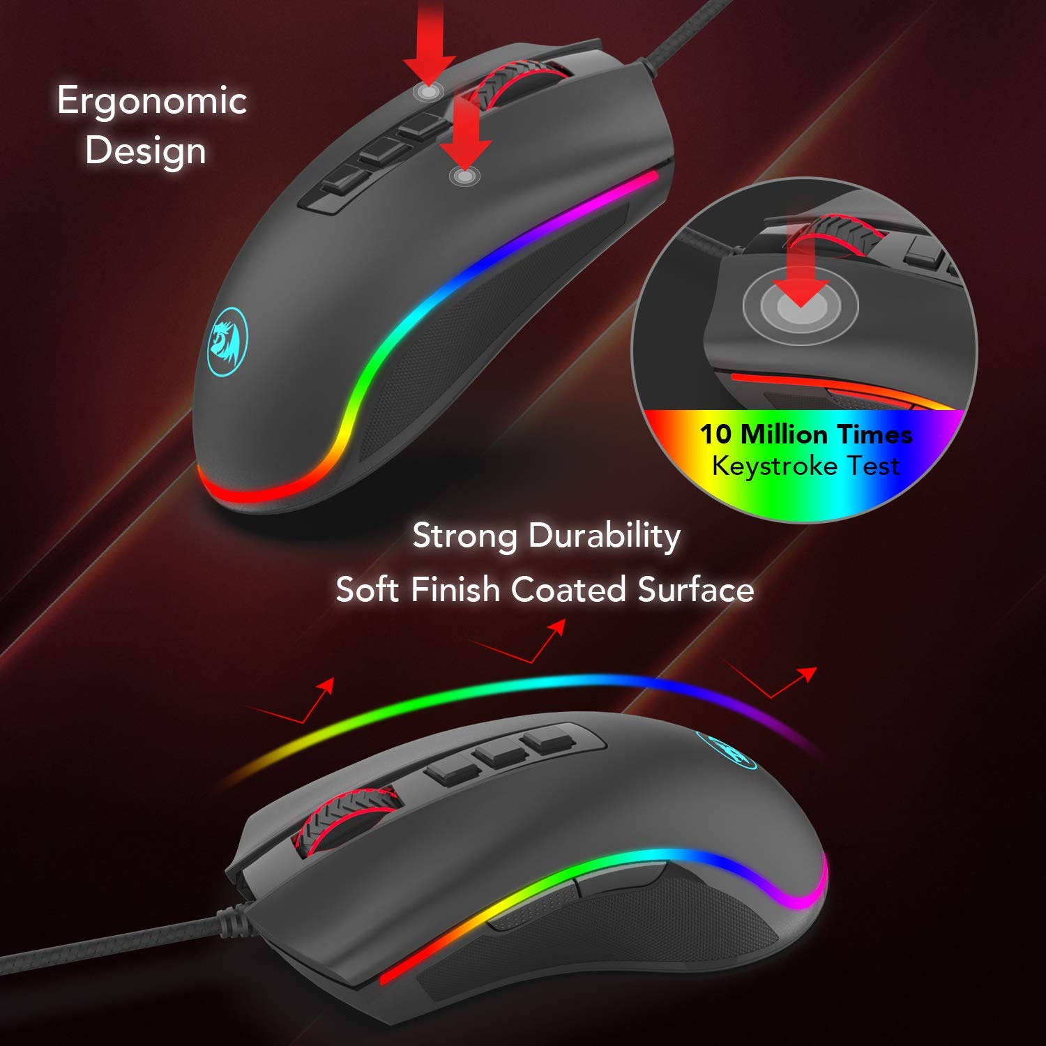Tetikus Permainan Redragon M711 COBRA dengan Lampu Latar Warna RGB 16.8 Juta, 10,000 DPI Boleh Laras, Cengkaman Selesa, 7 Butang Boleh Atur Cara