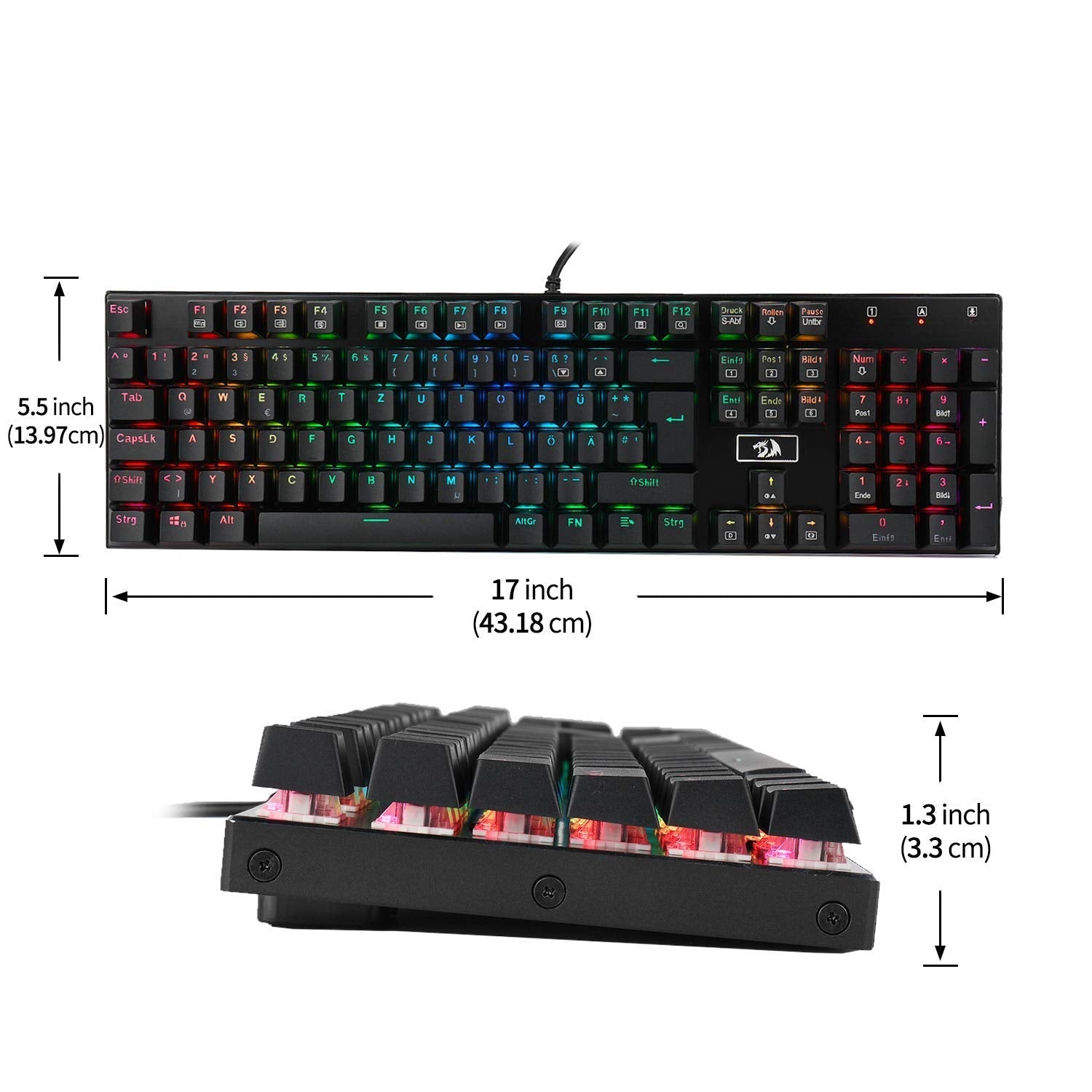 Redragon K556-DE Papan Kekunci Permainan Mekanikal, QWERTZ, Suis Coklat, Papan Kekunci Sentuh & Klik, Lampu Belakang RGB 18 Mod, Boleh Diprogram Penuh, Panel Semua Logam, Papan Kekunci Ergonomik, Hitam