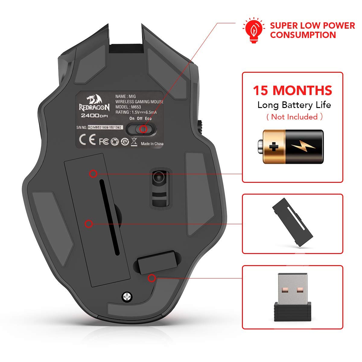 Redragon M653 MIG Mini Tetikus Tanpa Wayar Tetikus Optik 2.4G Tanpa Kable dengan Penerima Nano USB untuk Pejabat & Permainan, 5 DPI Boleh Laras, 6 Butang Tetikus Optik untuk PC Desktop, Macbook, Notebook, PC, Laptop, Komputer