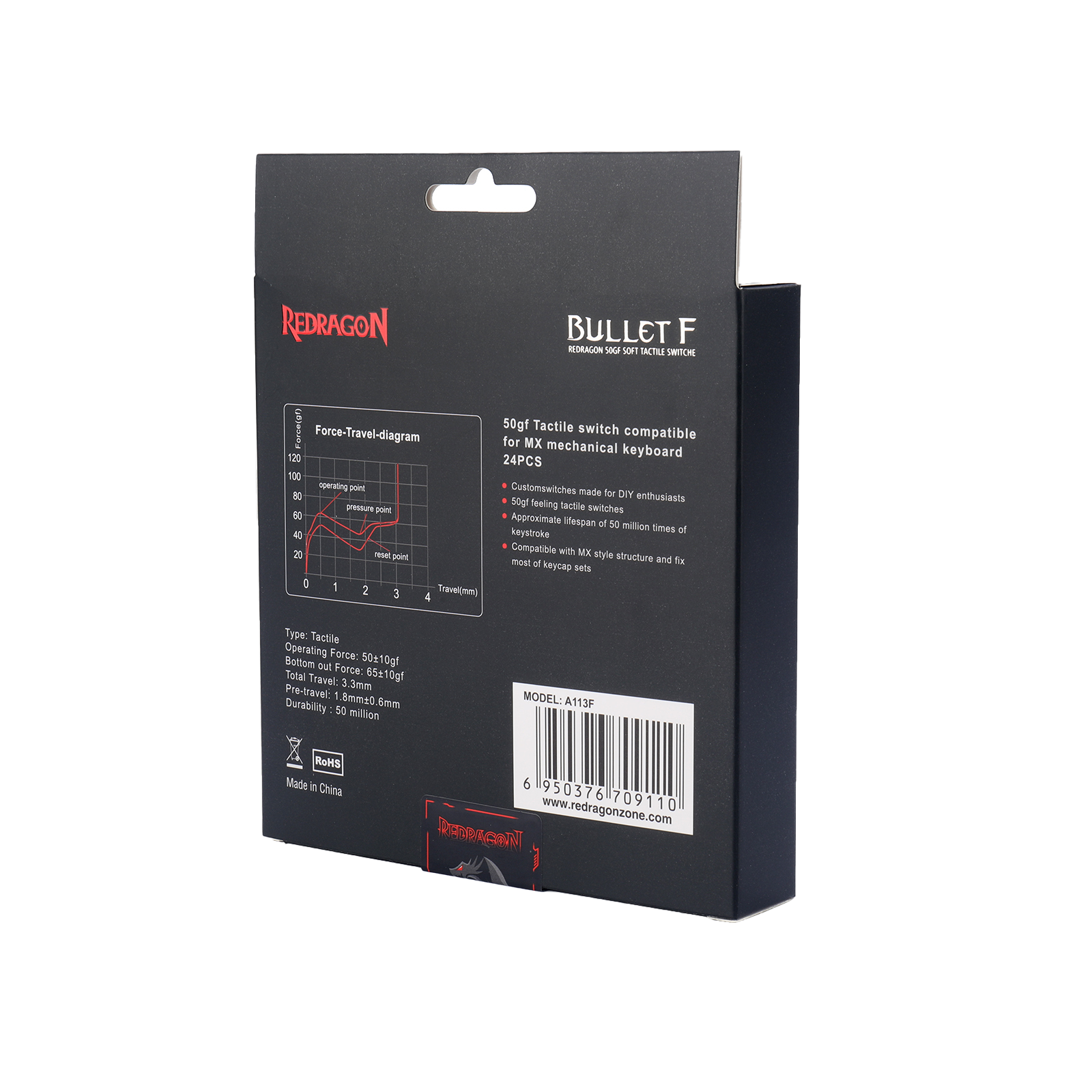 Redragon A113 Bullet-F Suis Mekanikal Taktil, Mod Suis Klik Papan Kekunci DIY Hot-Swappable, 50 Juta Klik (24 Pcs Suis, Pemetik Papan Kekunci + Suis)
