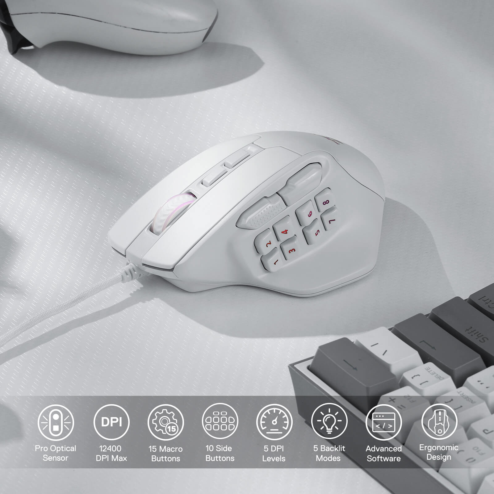 Tetikus Permainan MMO Redragon M811 Aatrox, Tetikus Gamer RGB Berwayar 15 Butang Boleh Atur Cara dengan Binaan Cengkaman Semulajadi Ergonomik, 10 Kekunci Makro Sisi, Perisian Menyokong Ikatan Kekunci & Lampu Belakang DIY