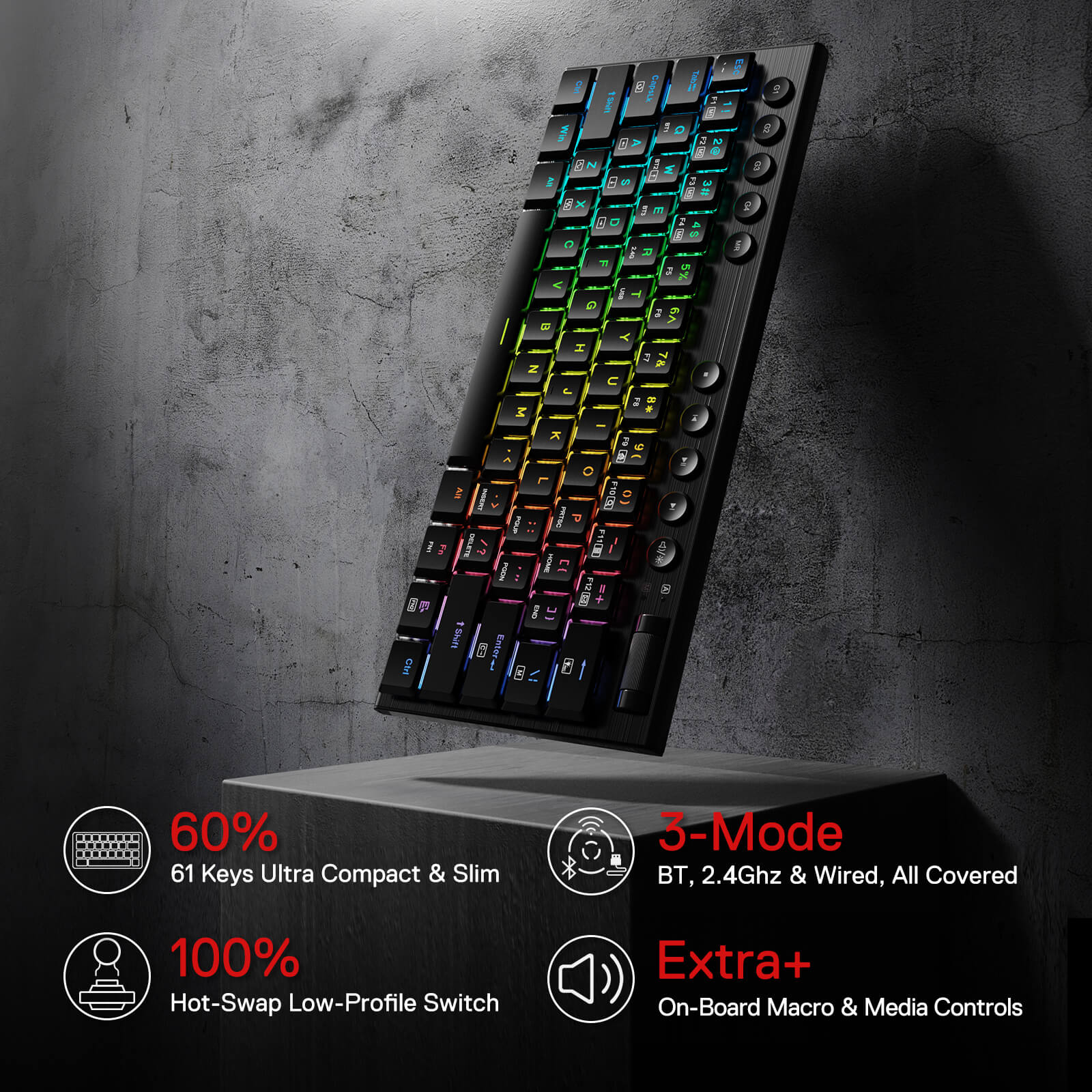 Papan Kekunci Mekanikal RGB Redragon K632 PRO Noctis 60%, Papan Kekunci Permainan Profil Rendah Ultra-Nipis Tri-Mod Bluetooth/2.4Ghz/Berwayar dengan Sambungan Tanpa Lengah