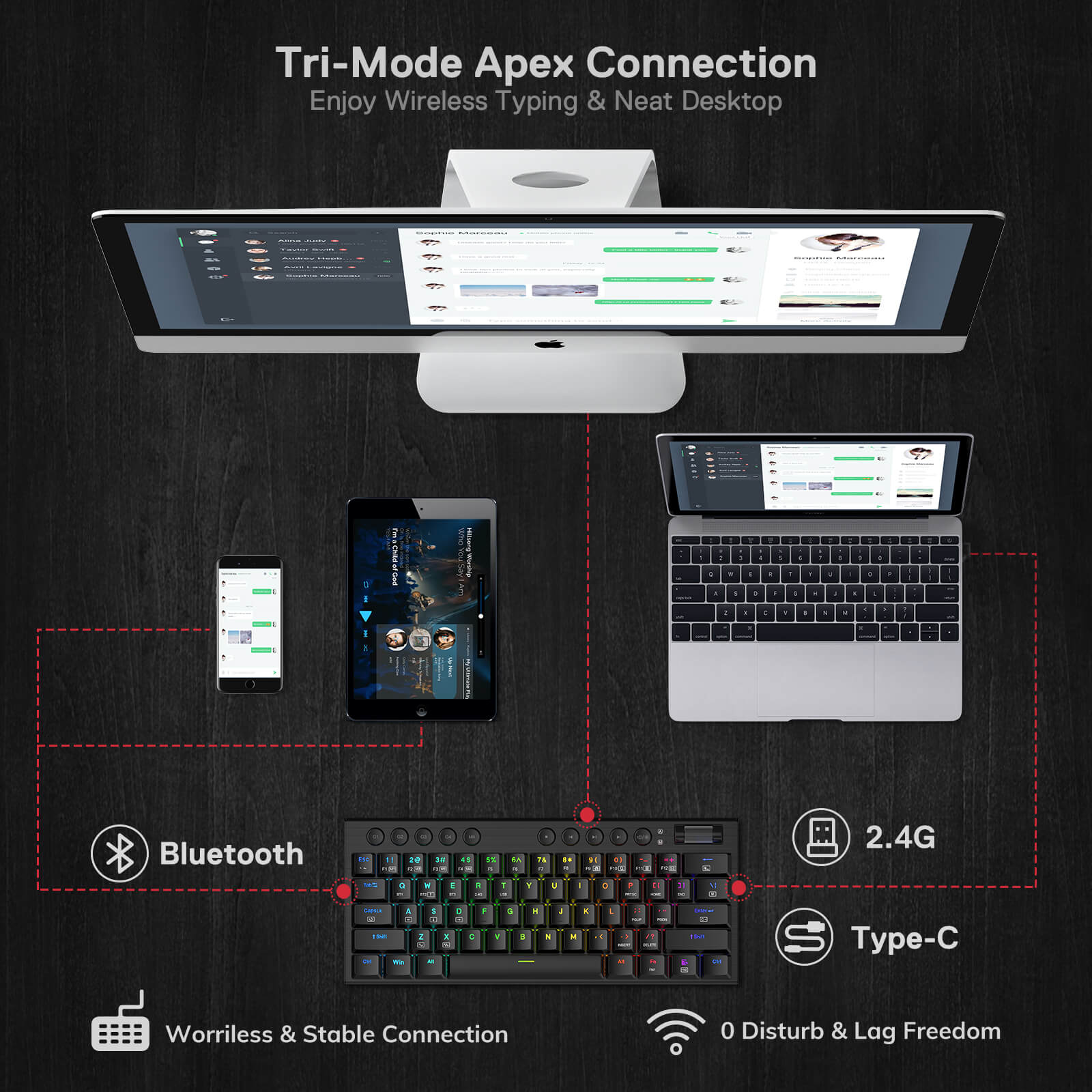 Papan Kekunci Mekanikal RGB Redragon K632 PRO Noctis 60%, Papan Kekunci Permainan Profil Rendah Ultra-Nipis Tri-Mod Bluetooth/2.4Ghz/Berwayar dengan Sambungan Tanpa Lengah